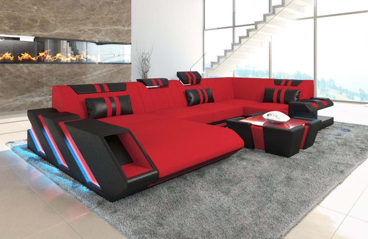 Sofa Dreams Wohnlandschaft Sofa Stoff Couch Apollonia U Form Polster Stoffsofa, mit LED, wahlweise mit Bettfunktion als Schlafsofa, Designersofa C134 Rot-Schwarz