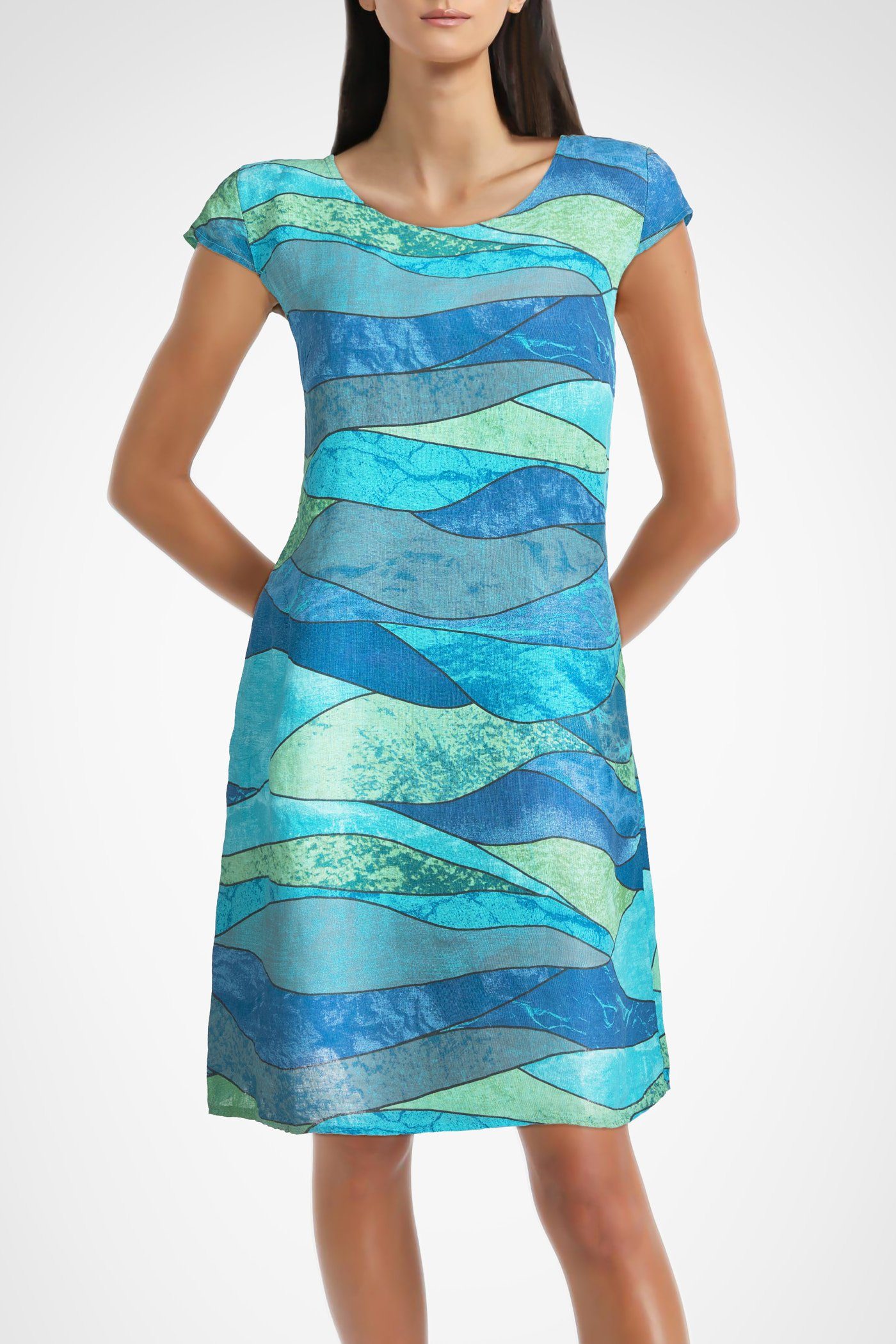 PEKIVESSA Sommerkleid Leinenkleid Damen Kurzarm knielang mit Allover Print