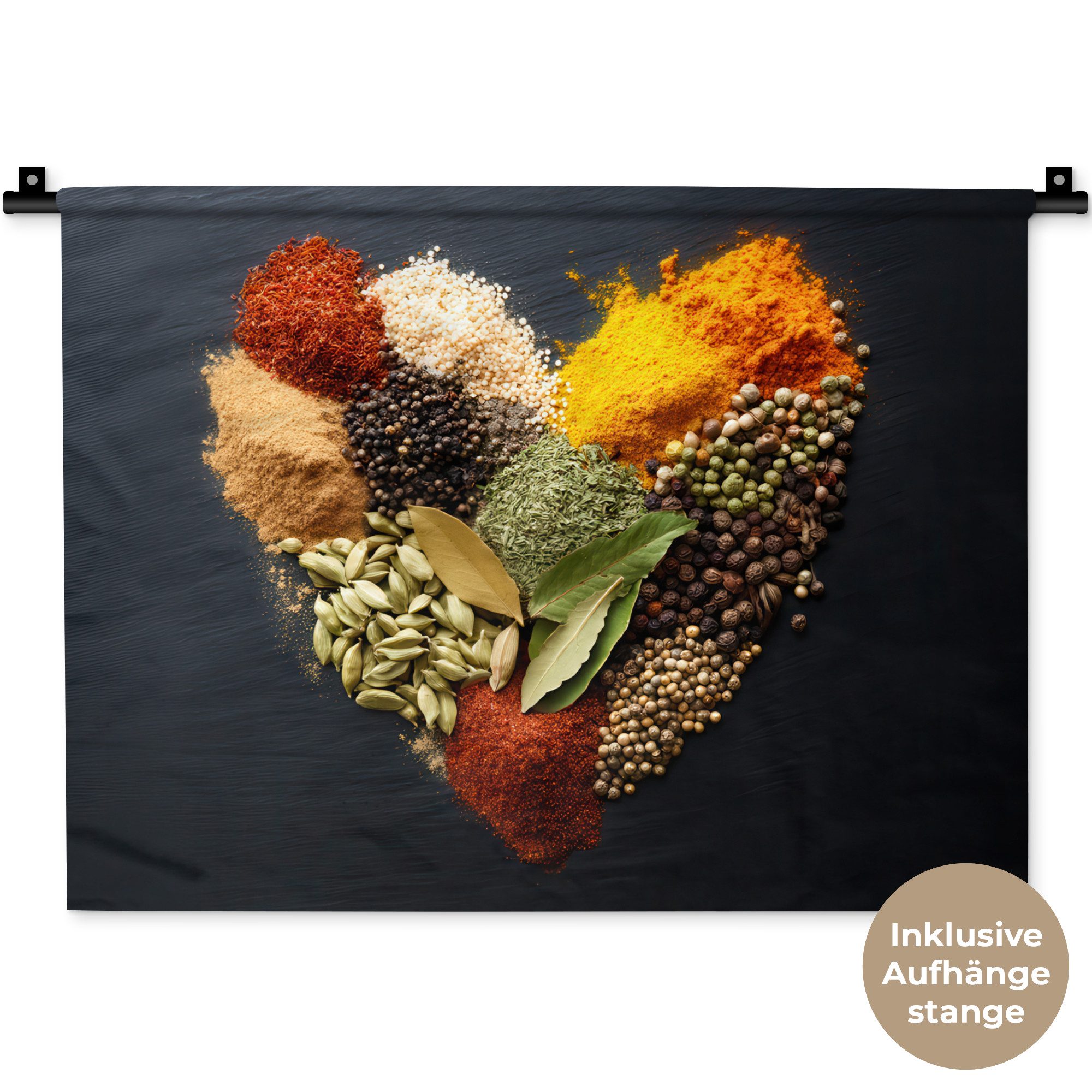 MuchoWow Wandteppich Gewürze - Mischung - Herzform - Schwarz, Rechteckig, Höhe: 3 mm, Wanddeko Teppich Wohnzimmer, Schlafzimmer, 60x45 cm