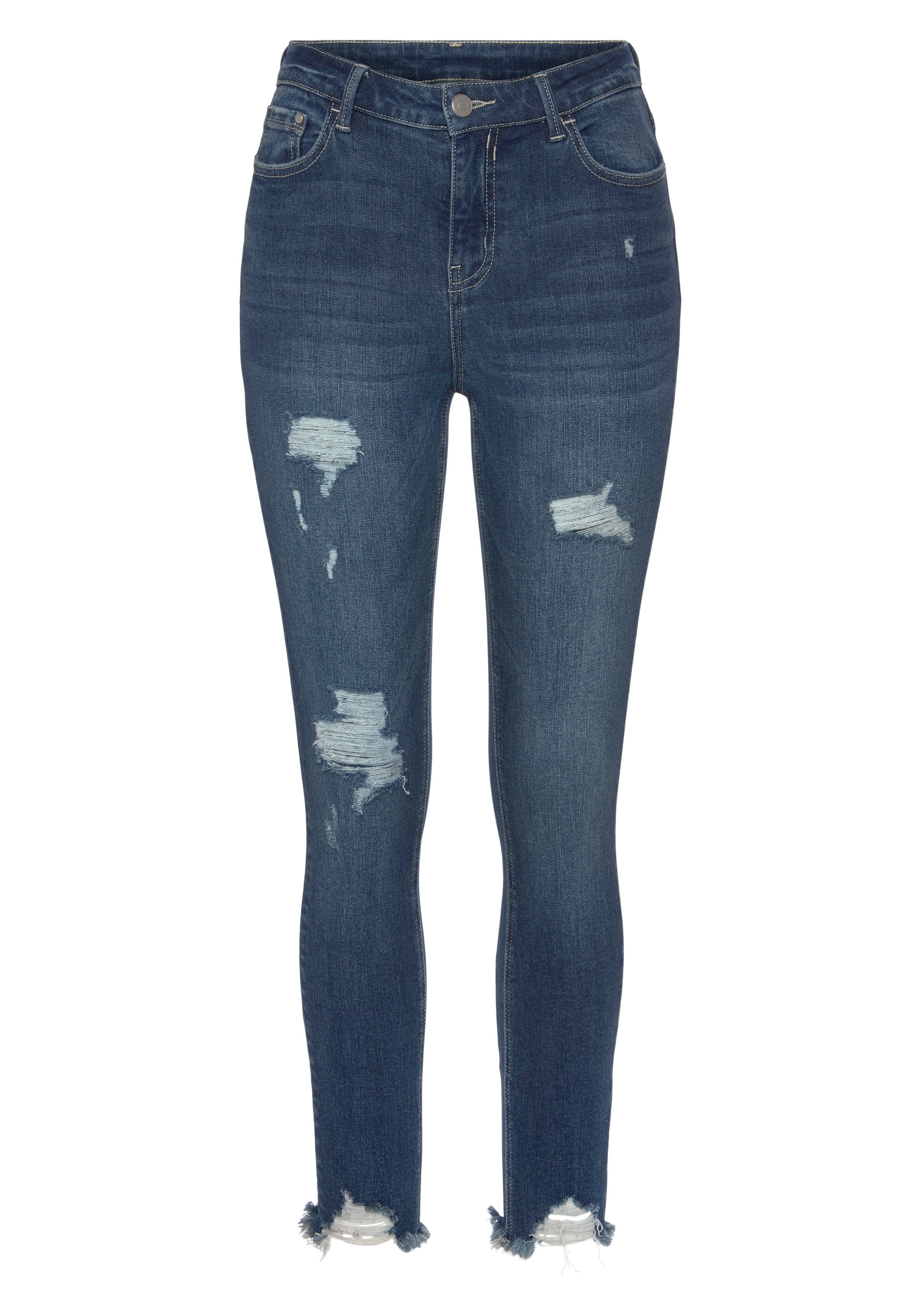 Destroyed-Jeans mit Buffalo Beinabschluss dark-blue-washed ausgefranstem