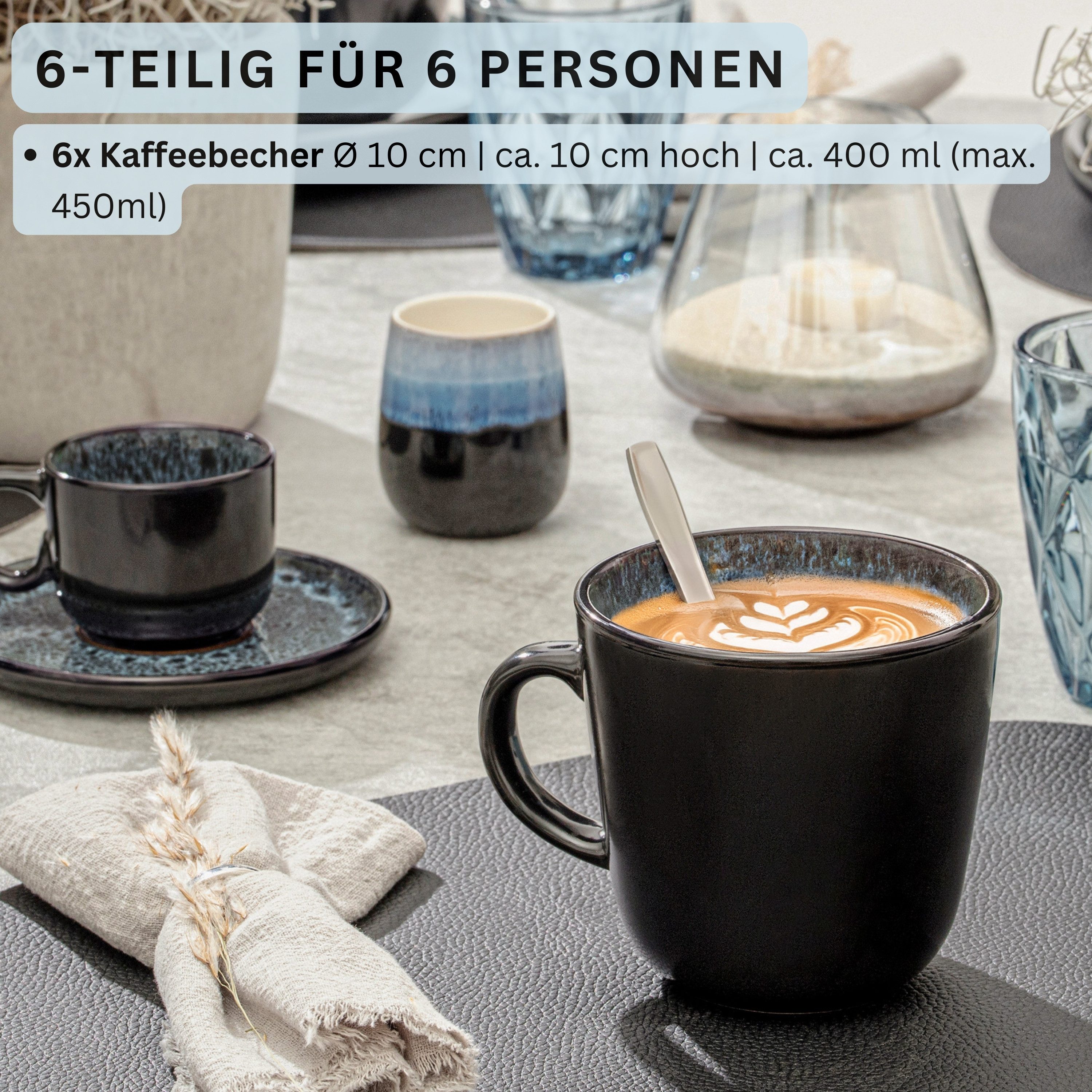 SÄNGER Becher Manila Kaffeetassen, 6-tlg., Steingut, 400 ml, ⌀10x10cm, Handmade, Blau-Schwarz, VALUE COLLECTION
