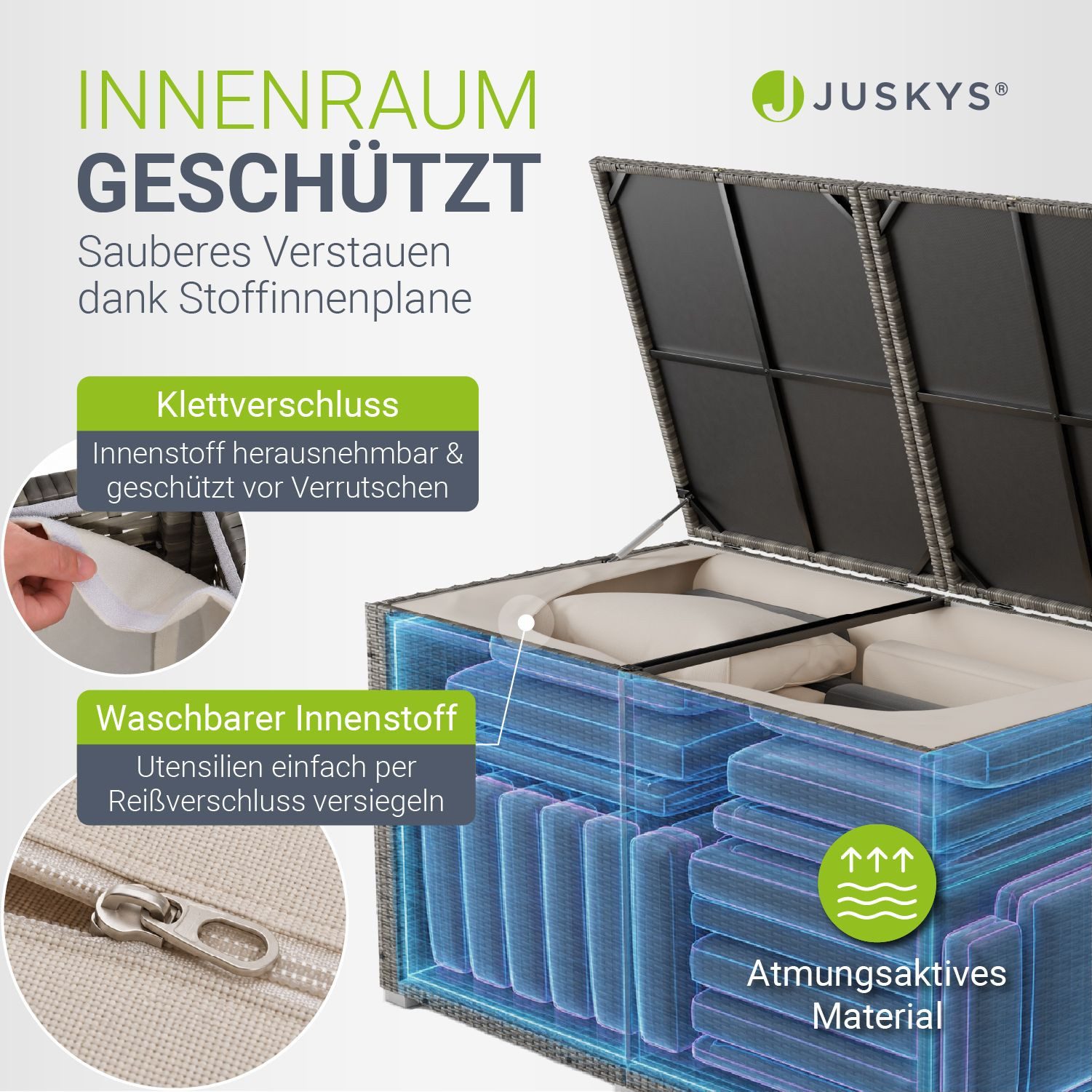 Juskys Auflagenbox Ikaria, aus Polyrattan, mit Deckel, Hubautomatik und Innenplane