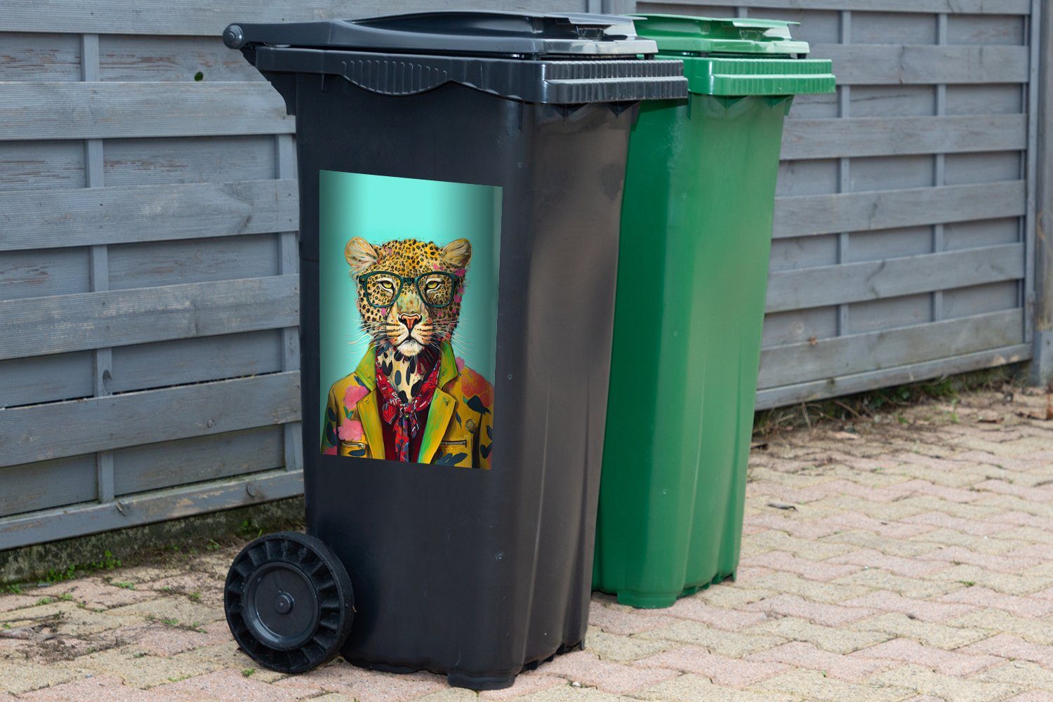 MuchoWow Wandsticker - Brille Sticker, Abfalbehälter Mülltonne, - Schleife Tier - Mülleimer-aufkleber, - Container, (1 St), Design Leopard
