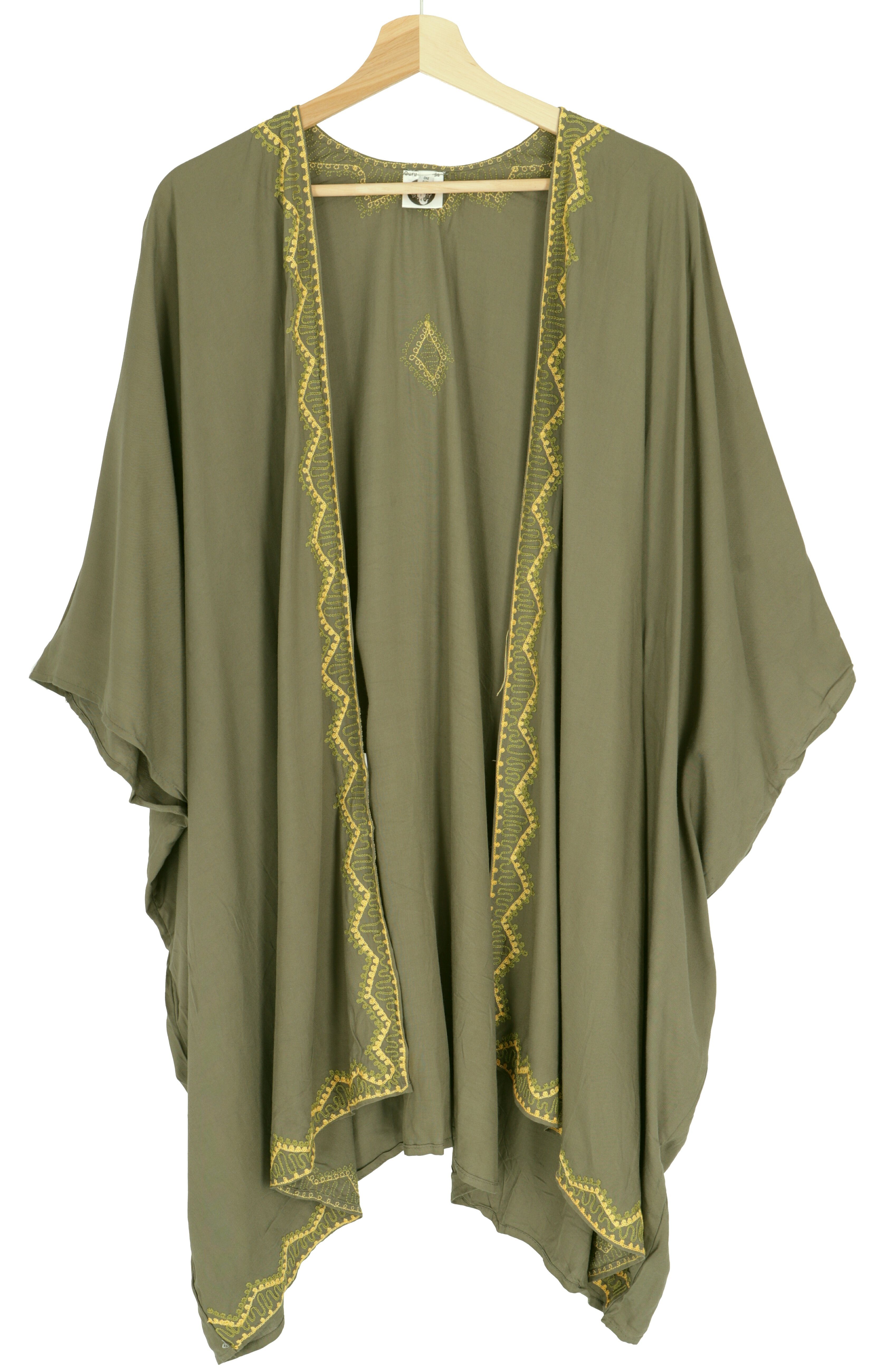 Guru-Shop Kimono Kurzer bestickter Sommer Kimono, Kaftan,.., alternative Bekleidung olive
