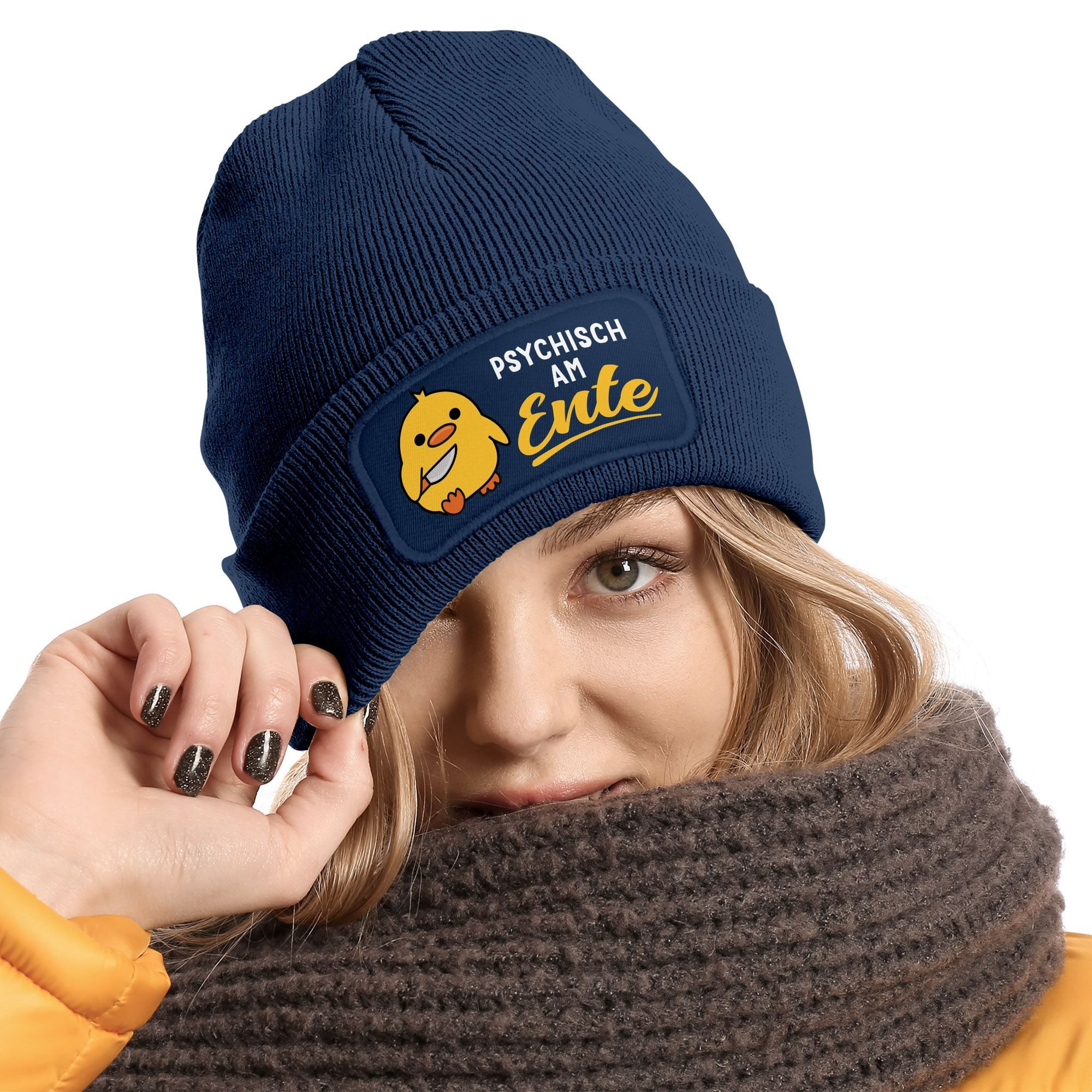 MoonWorks Strickmütze Damen Beanie Patch Strickmütze Spruch Meme Lustig Psychisch am Ente