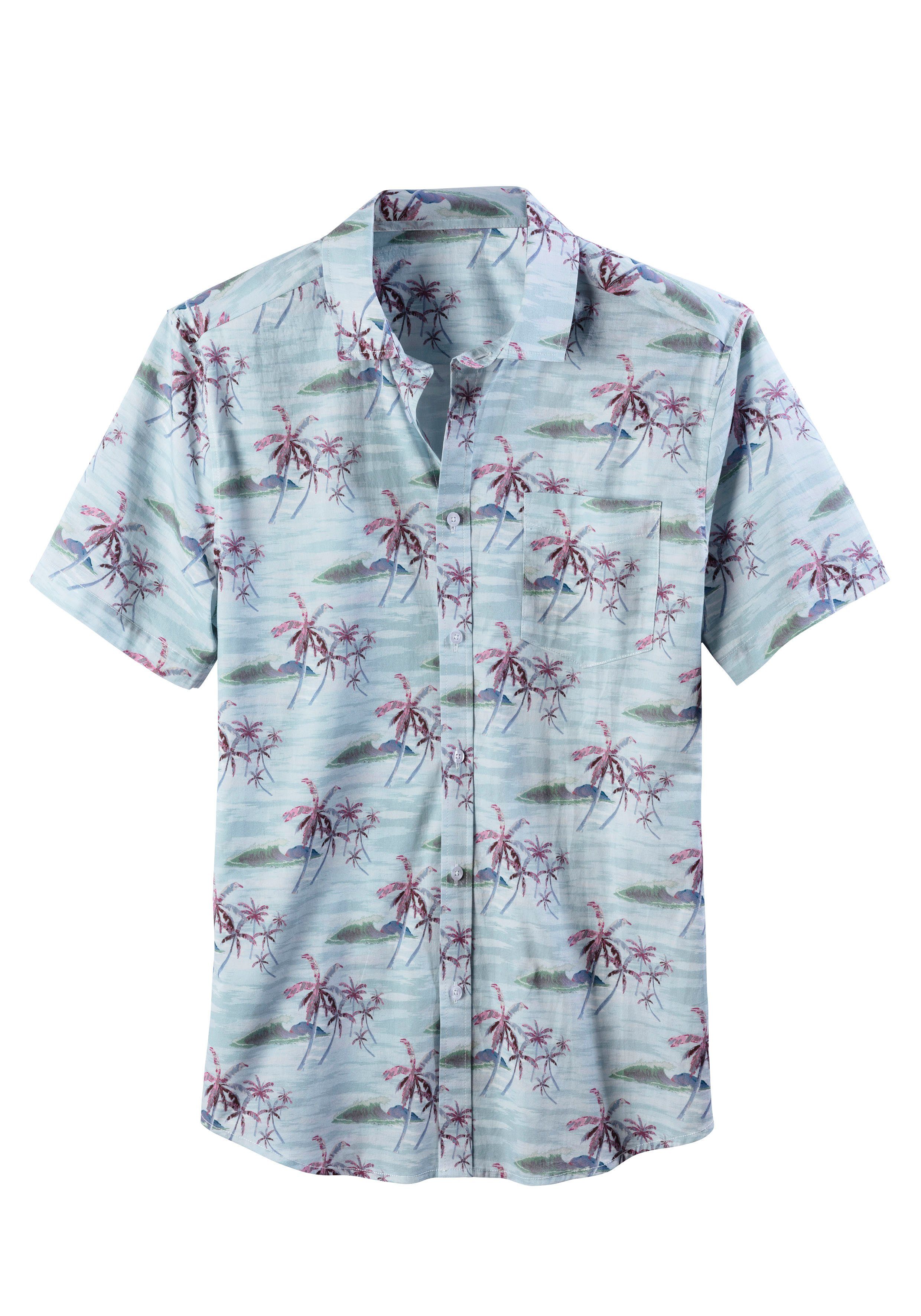 Beachtime Hawaiihemd mit Strandmode blau-bedruckt Palmenprint, coolem