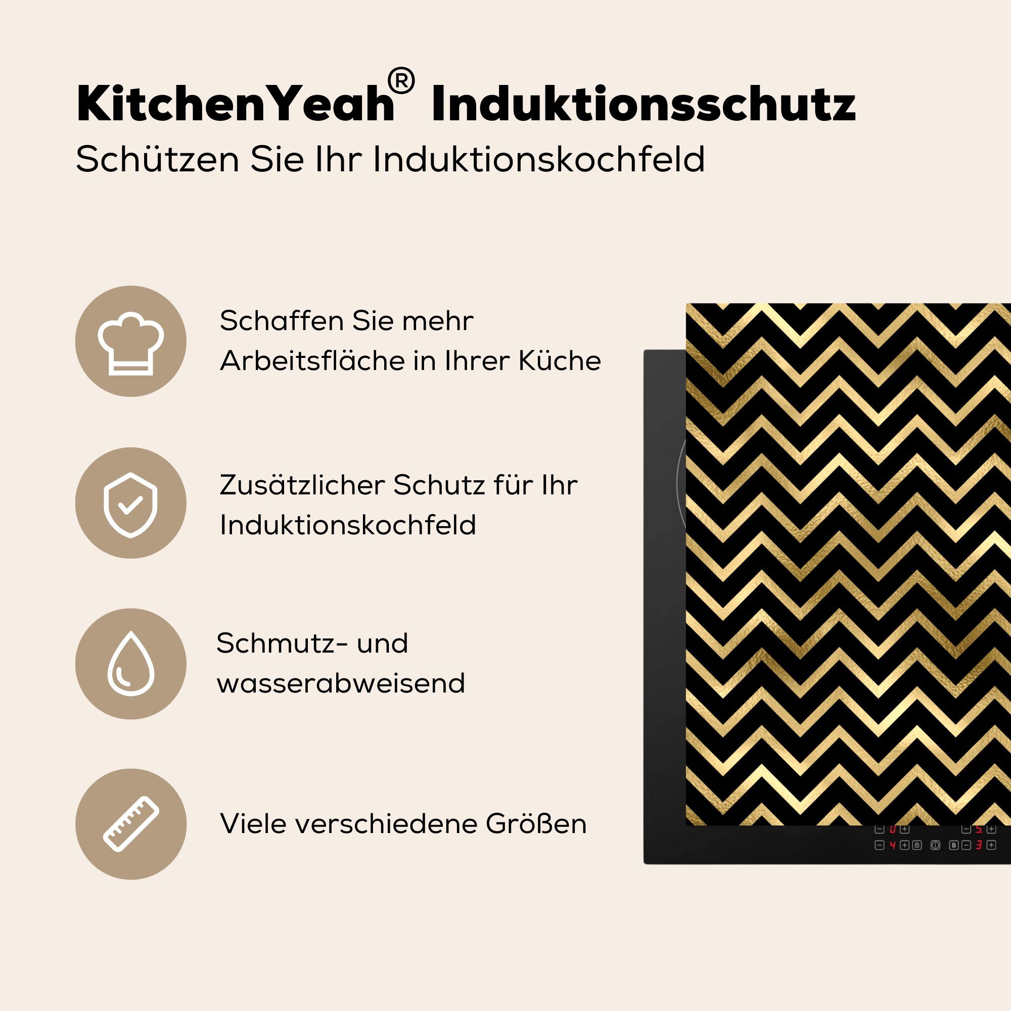 MuchoWow Herdblende-/Abdeckplatte Muster - Linie - Vinyl, 78x78 für (1 tlg), küche cm, Gold, Ceranfeldabdeckung, Arbeitsplatte