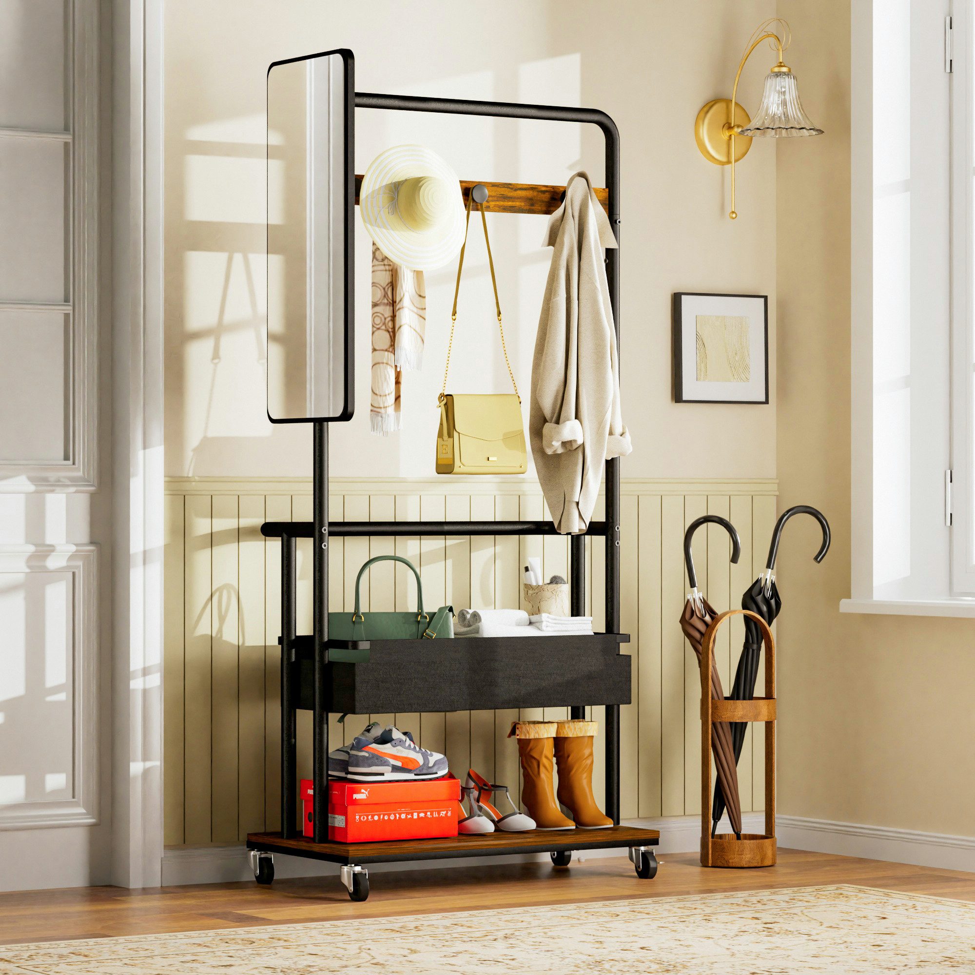 Luckice Kleiderständer Robuster Kleiderständer aus Metall mit Rollen, (Set), 3-in-1-Design mit Spiegel, geräumiger Garderobenständer