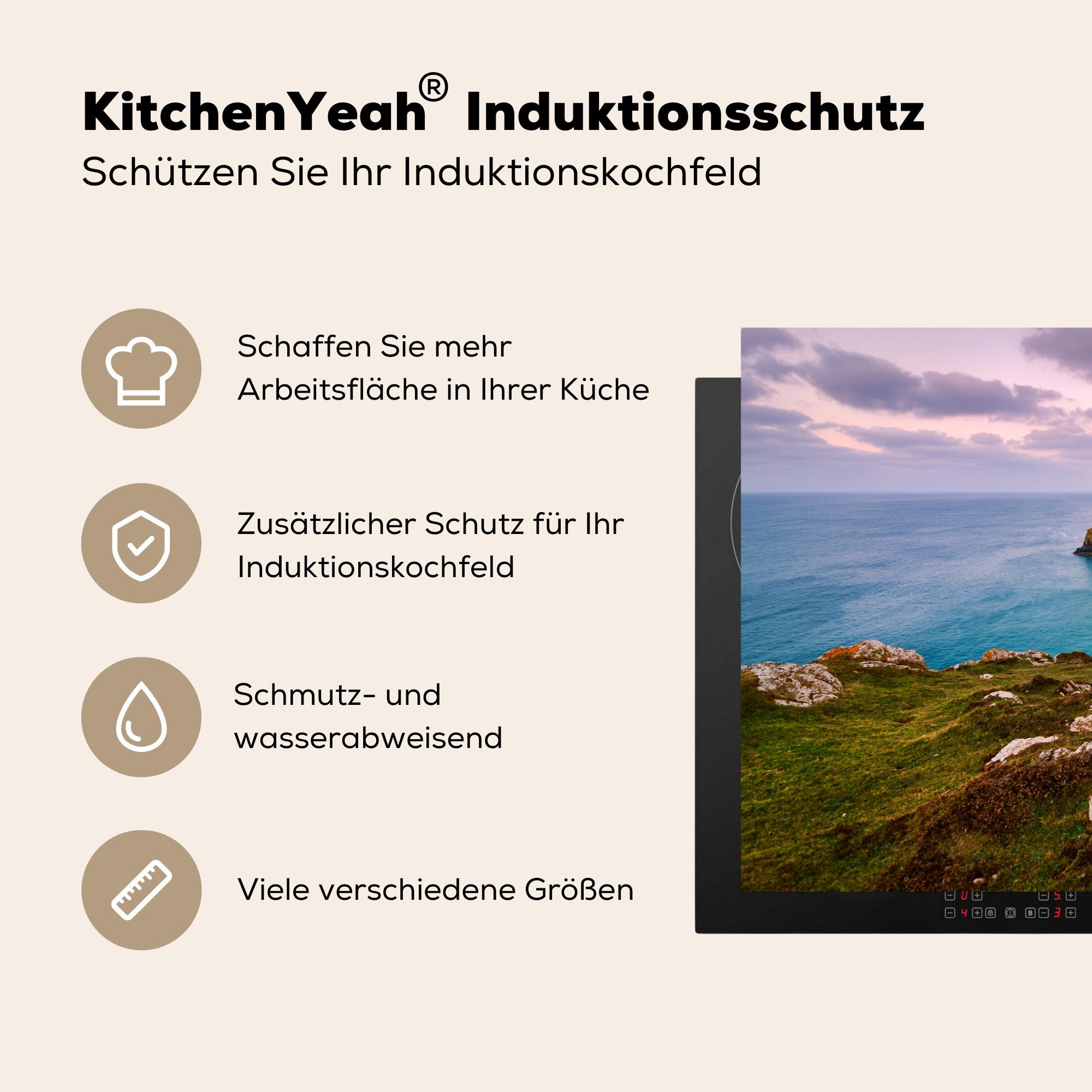 cm, für bei küche, Cornwall, (1 Sonnenuntergang Vinyl, Kove Die Herdblende-/Abdeckplatte Ceranfeldabdeckung tlg), Induktionskochfeld MuchoWow die Schutz Kynance in 81x52