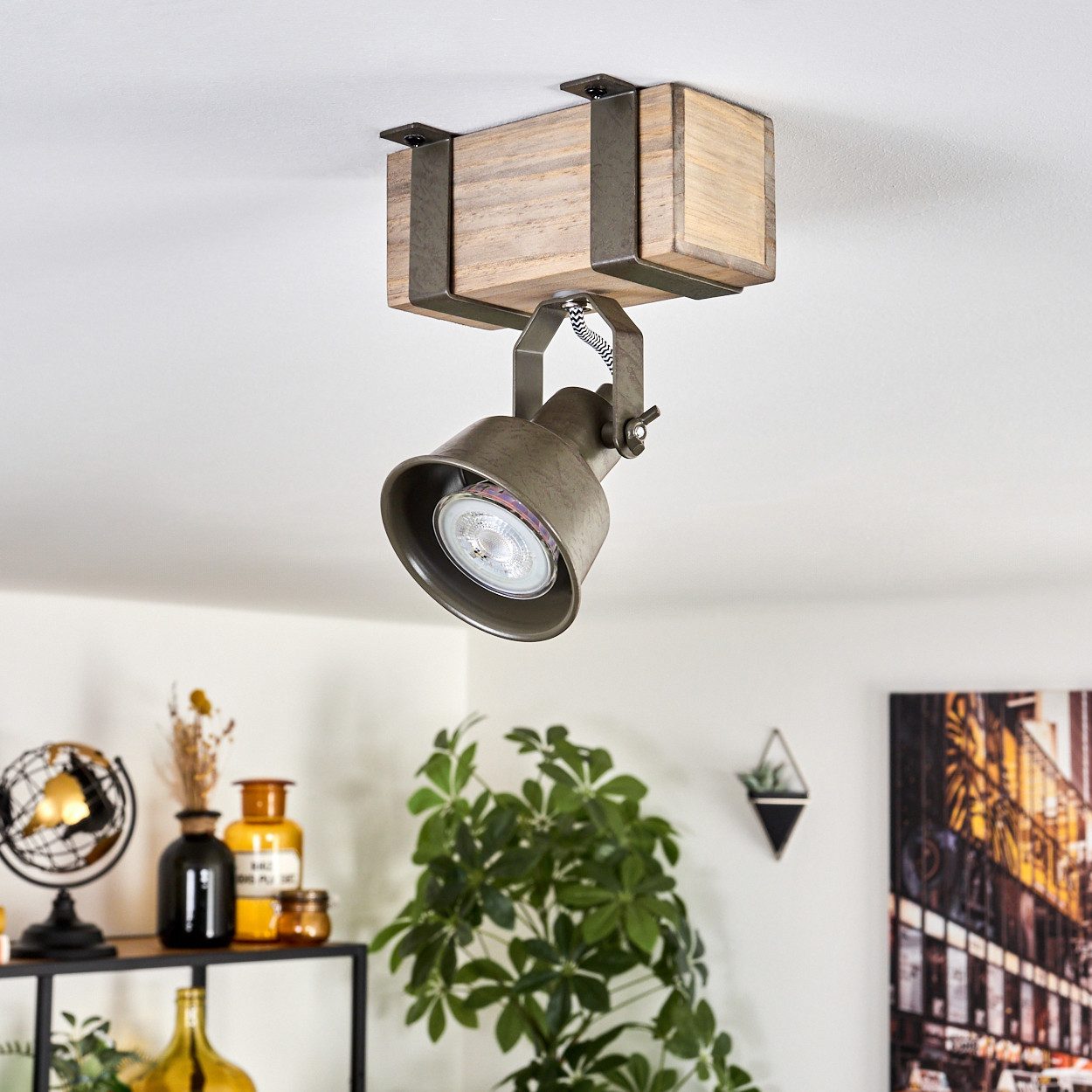 hofstein Deckenleuchte moderne Deckenlampe aus Metall/Holz in Grün-Grau/Natur, ohne Leuchtmittel, Deckenleuchte mit verstellbaren Schirmen, 1 x GU10 ohne Leuchtmittel