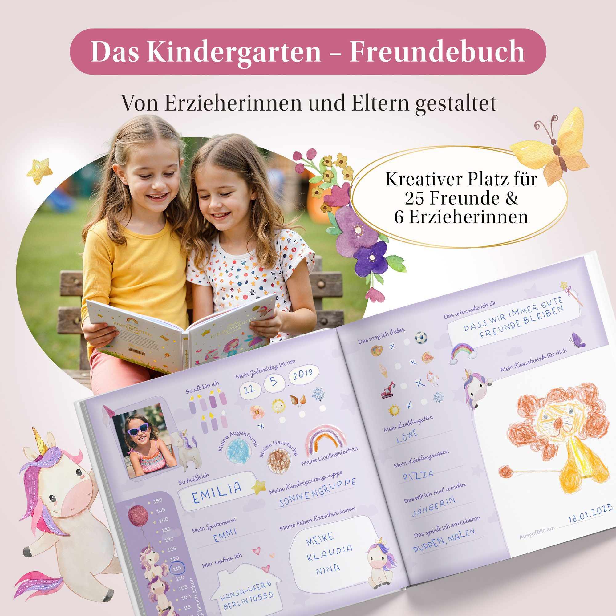 Eulentaler Freundebuch Kindergarten Einhorn I Von Erzieherinnen gestaltet I, Handgemalte Einhörner & Prinzessinnen I Kinderfreundliche Gestaltung