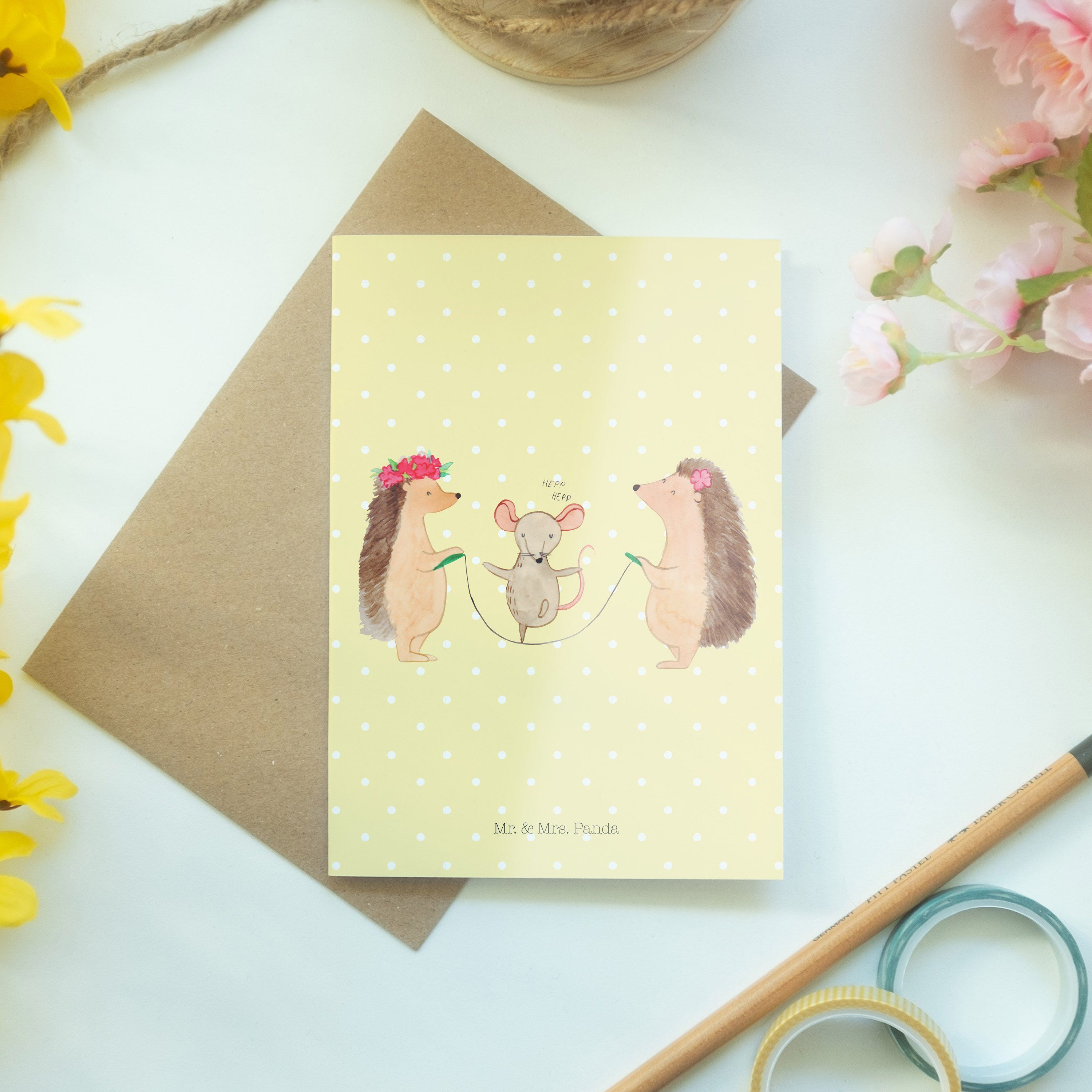 Seilhüpfen - Grußkarte - Igel Pastell Gelb Mrs. Sprüche, & Mr. Gute lustige Panda Geschenk, Laun