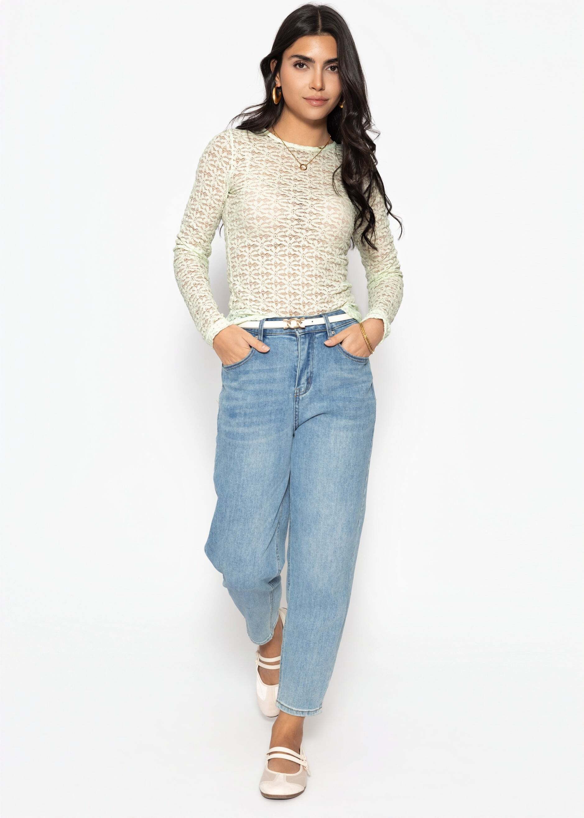 SASSYCLASSY Langarmshirt Langarmshirt aus floraler Spitze für Damen Leicht transparentes Top mit Rundhals in körpernahem Schnitt