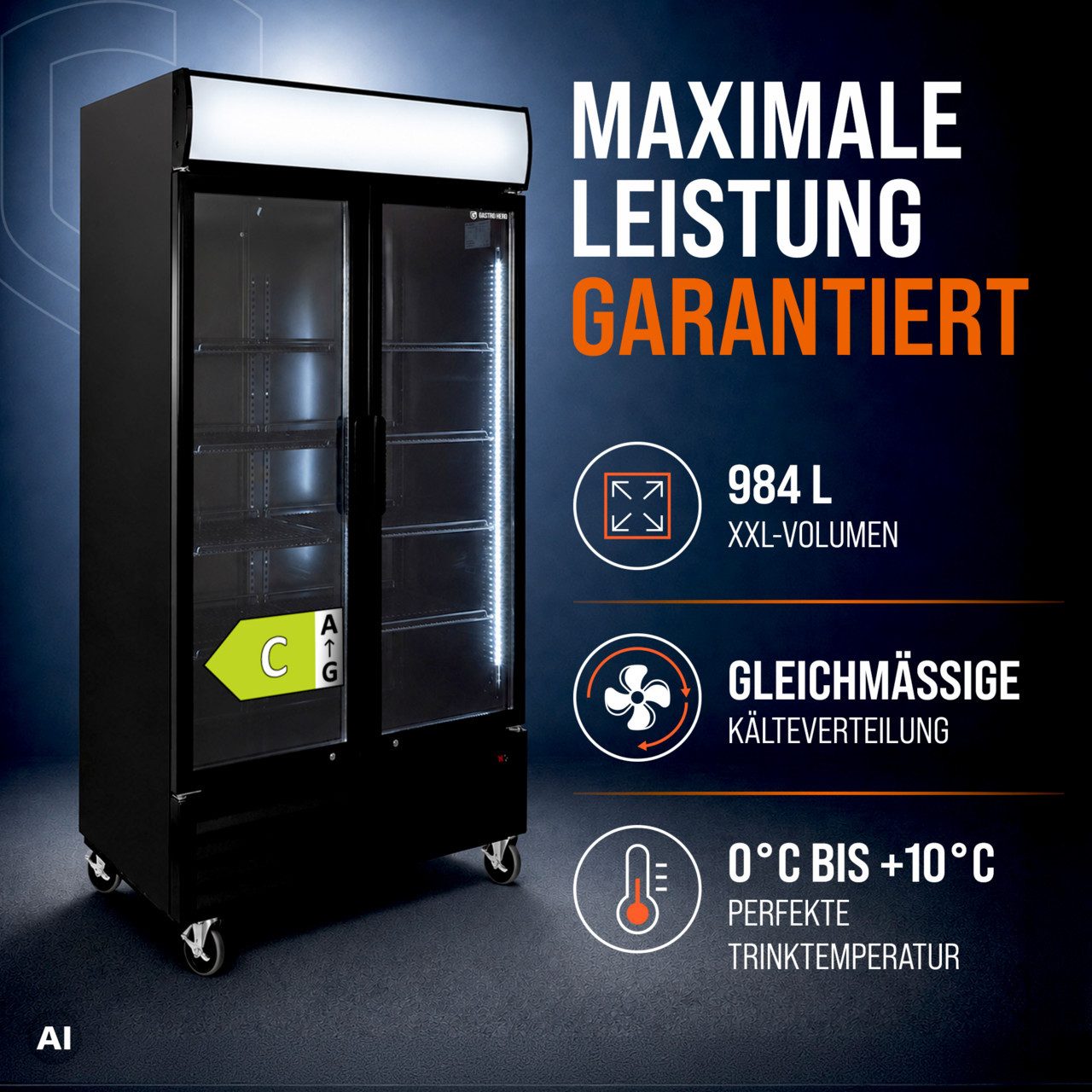 GastroHero Getränkekühlschrank Getränkekühlschrank 1000 L mit Leuchtaufsatz schwarz GKS-1000KT, 209.5 cm hoch, 113 cm breit