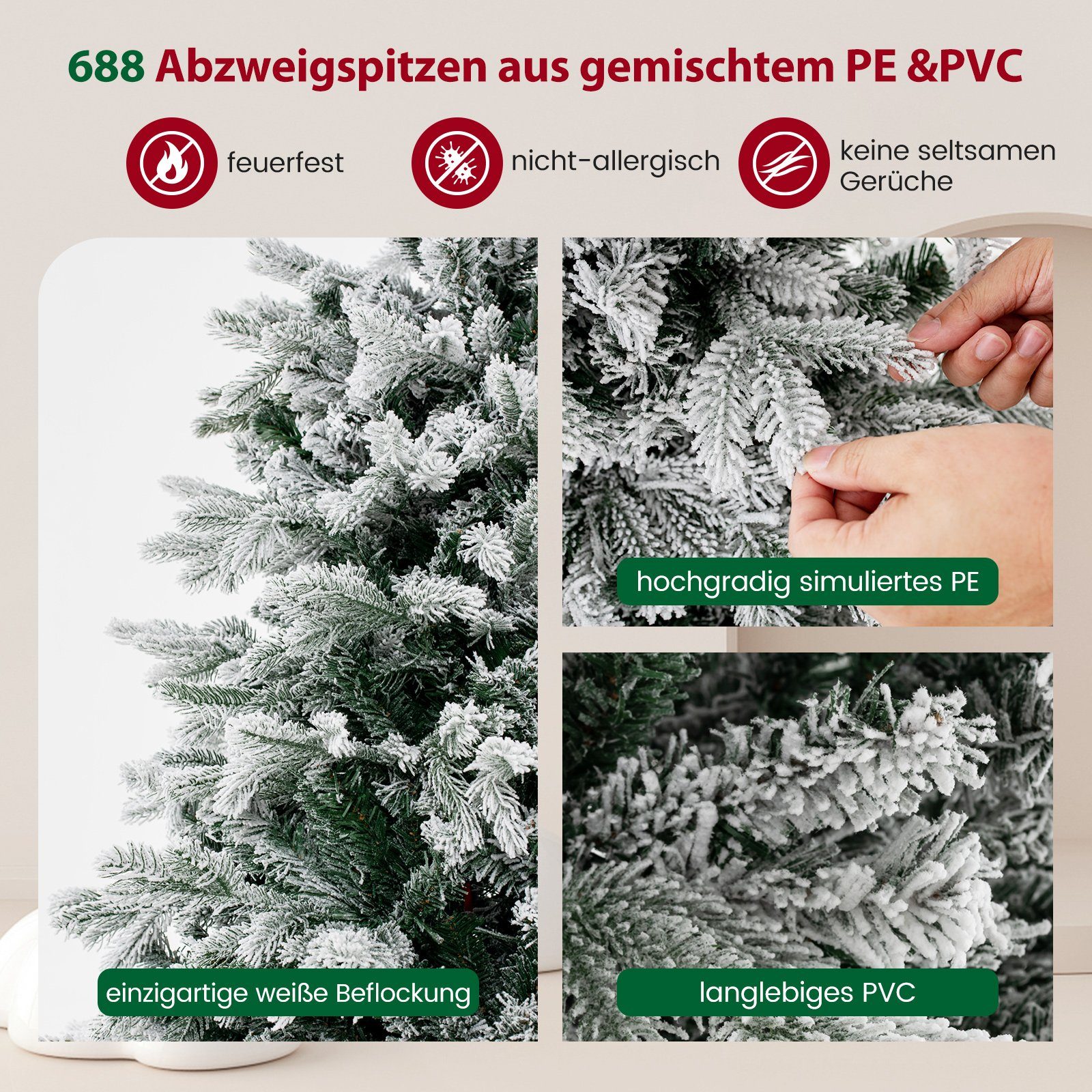 COSTWAY Künstlicher Weihnachtsbaum, mit Schnee, 200 LEDs & 688 Zweigspitzen