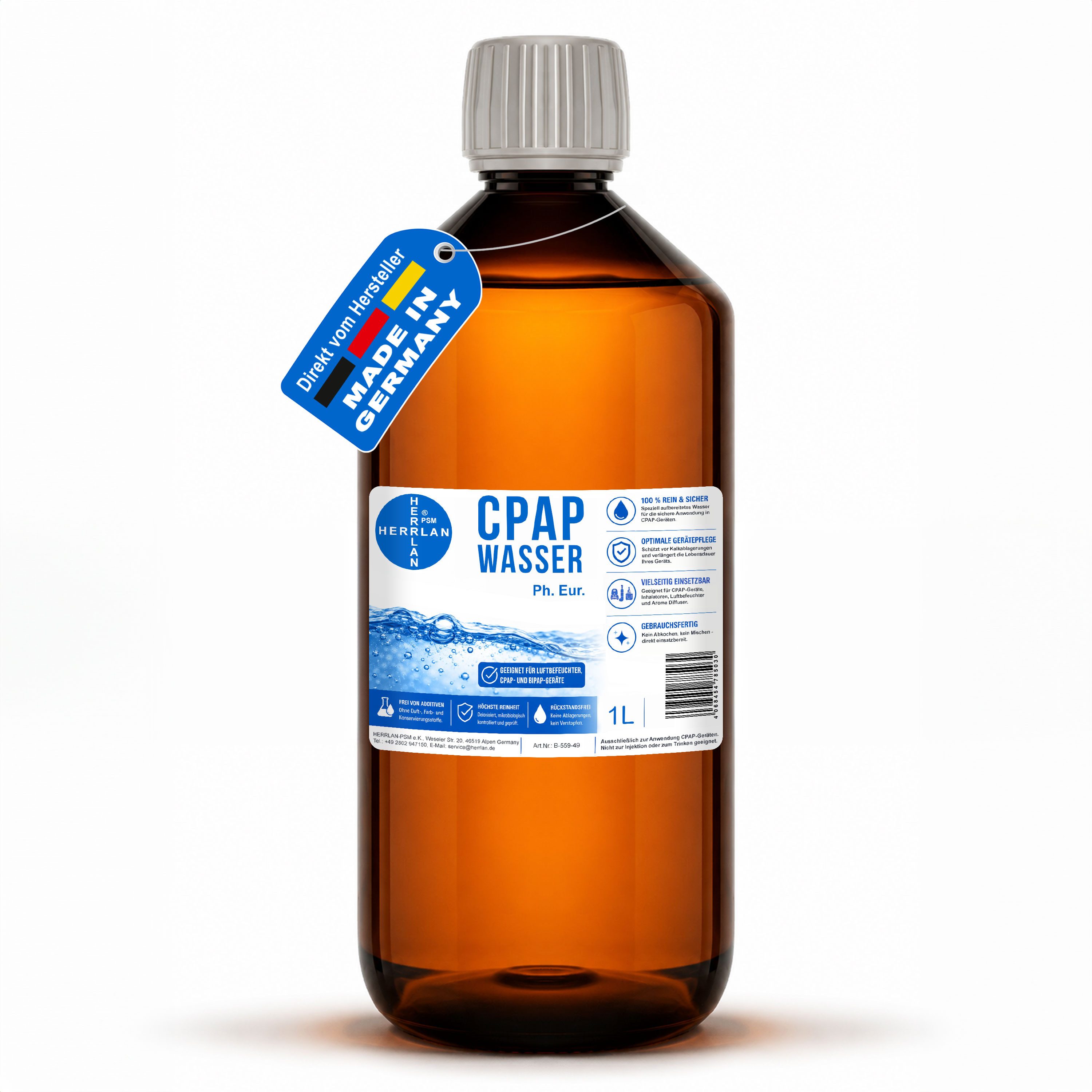 HERRLAN Inhalations-Zusatz CPAP Wasser Ph. Eur. 1 Liter, destilliertes Wasser für medizinische Zwecke