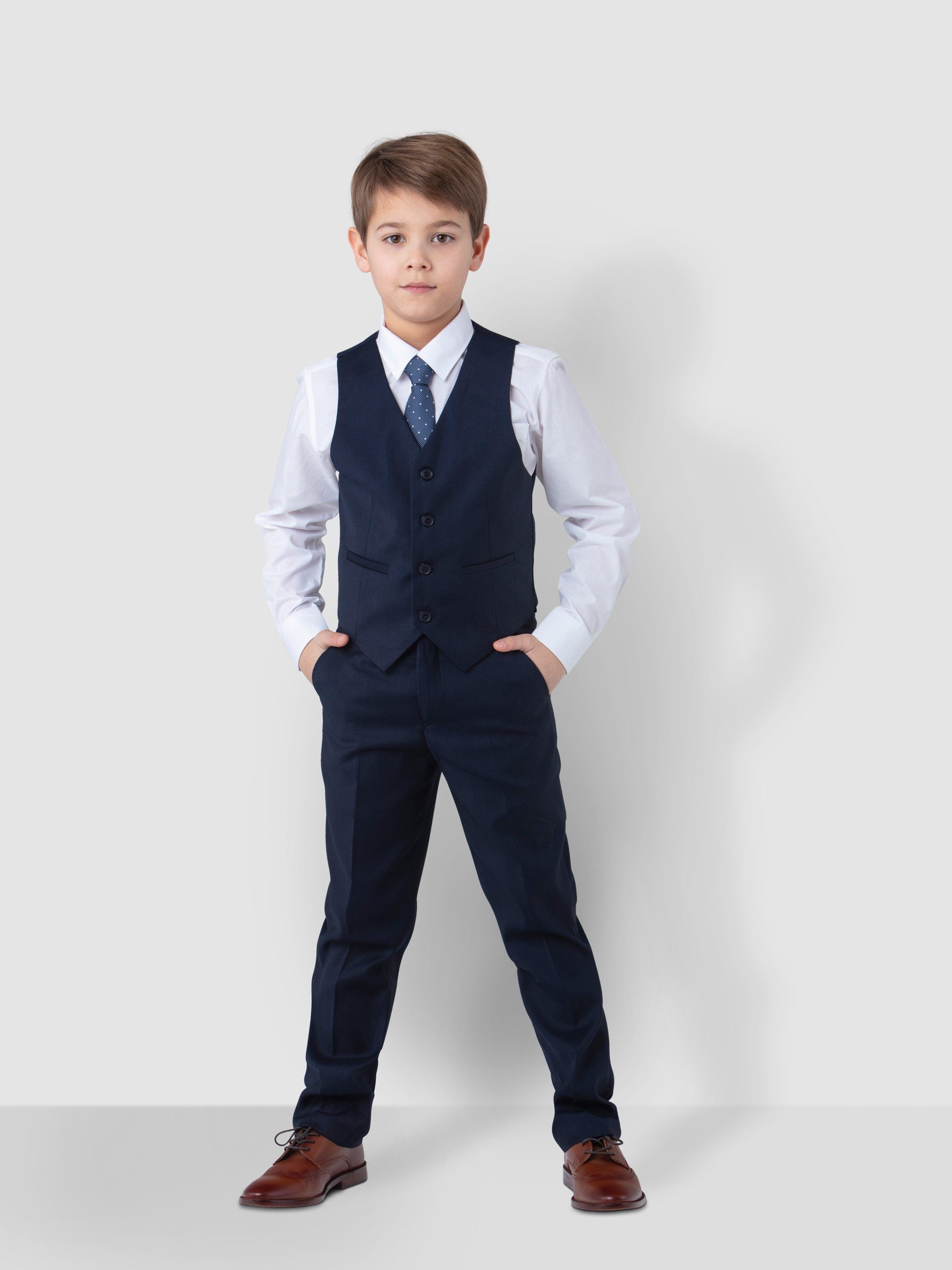 Melli-Trends Kinderanzug Luxuriöser Jungen festlich, (Sakko, Weste, Krawatte und Hemd, Anzug, Dunkelblau Einstecktuch) elegant in Hose, 6-teilig, Kommunionanzug
