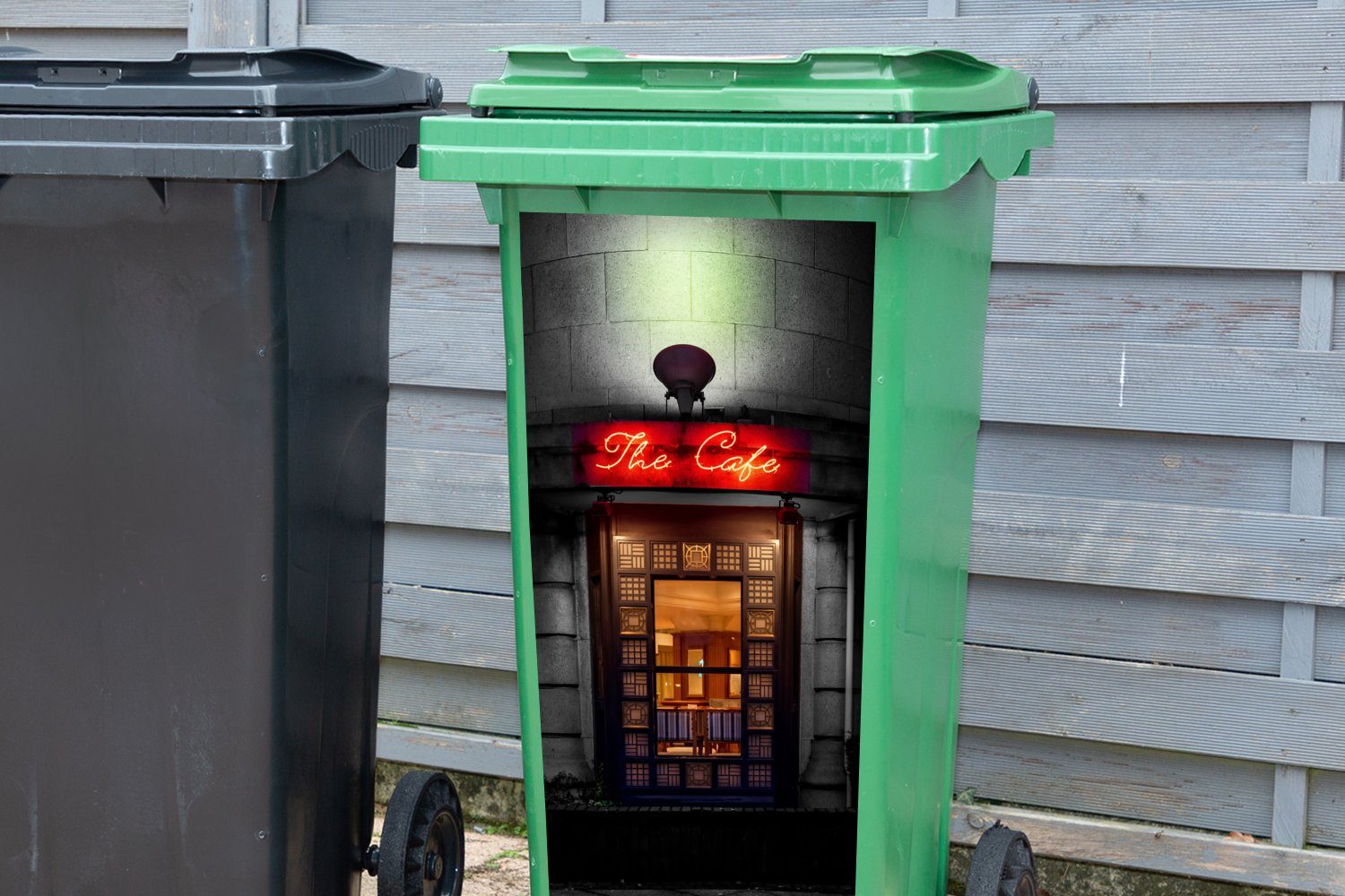 Container, St), Cafe Wandsticker - Mülleimer-aufkleber, Neonlicht - Abfalbehälter - (1 - Architektur Mülltonne, Sticker, Tür MuchoWow Rot