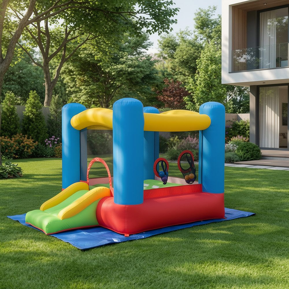 HOME DELUXE Hüpfburg FABI, inkl. Gebläse & 2 Basketballkörbe & Rutsche, Springburg