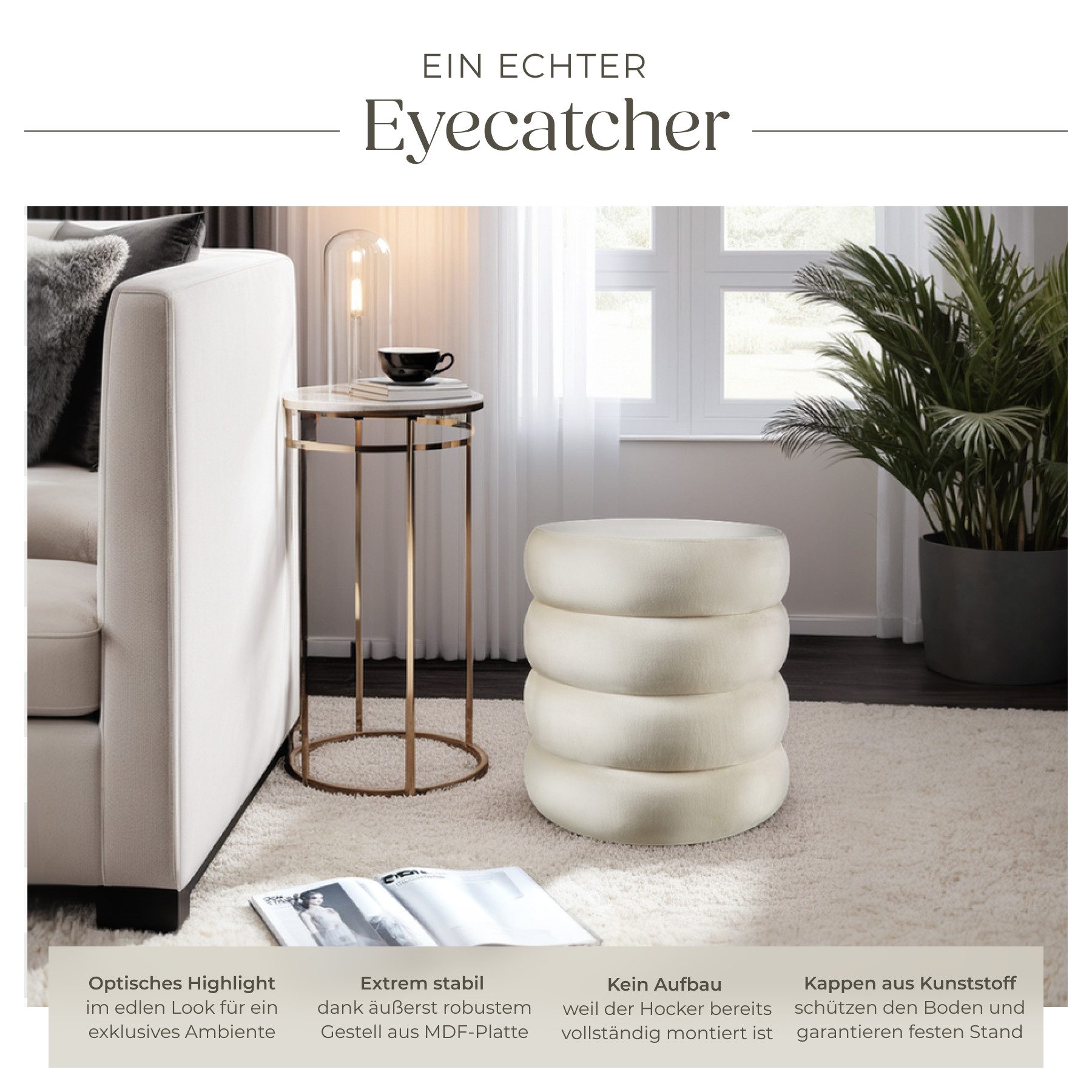 tectake Sitzhocker Schminkhocker Altu, gepolstert, Stauraum, 42 x 42 x 47 cm (rund, 1-St. Samtoptik creme-weiß), weicher, pflegeleichter Bezug, Belastbarkeit 120 kg