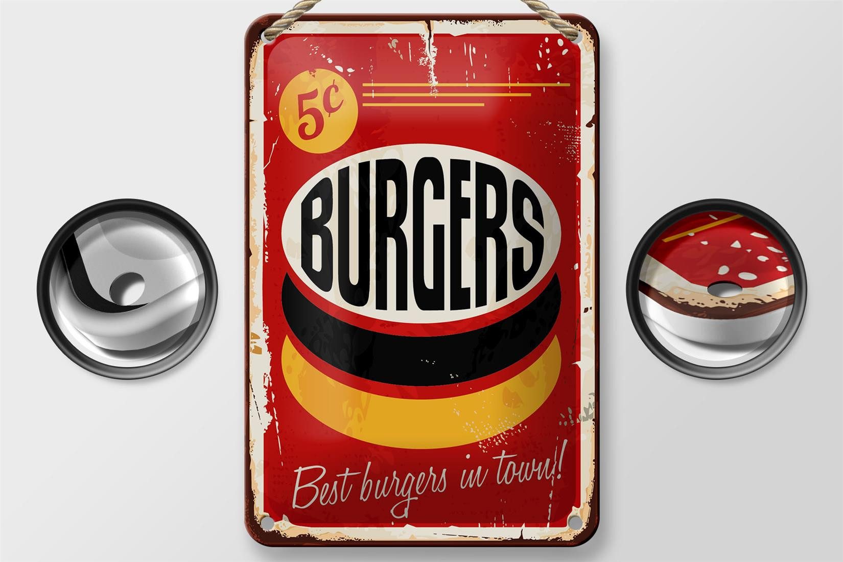 Femer GmbH Metallschild Retro 12x18cm burgers best in town Fast food, (1 St), gewölbte Oberfläche, abgerundete Ecken, umgeschlagene Kanten
