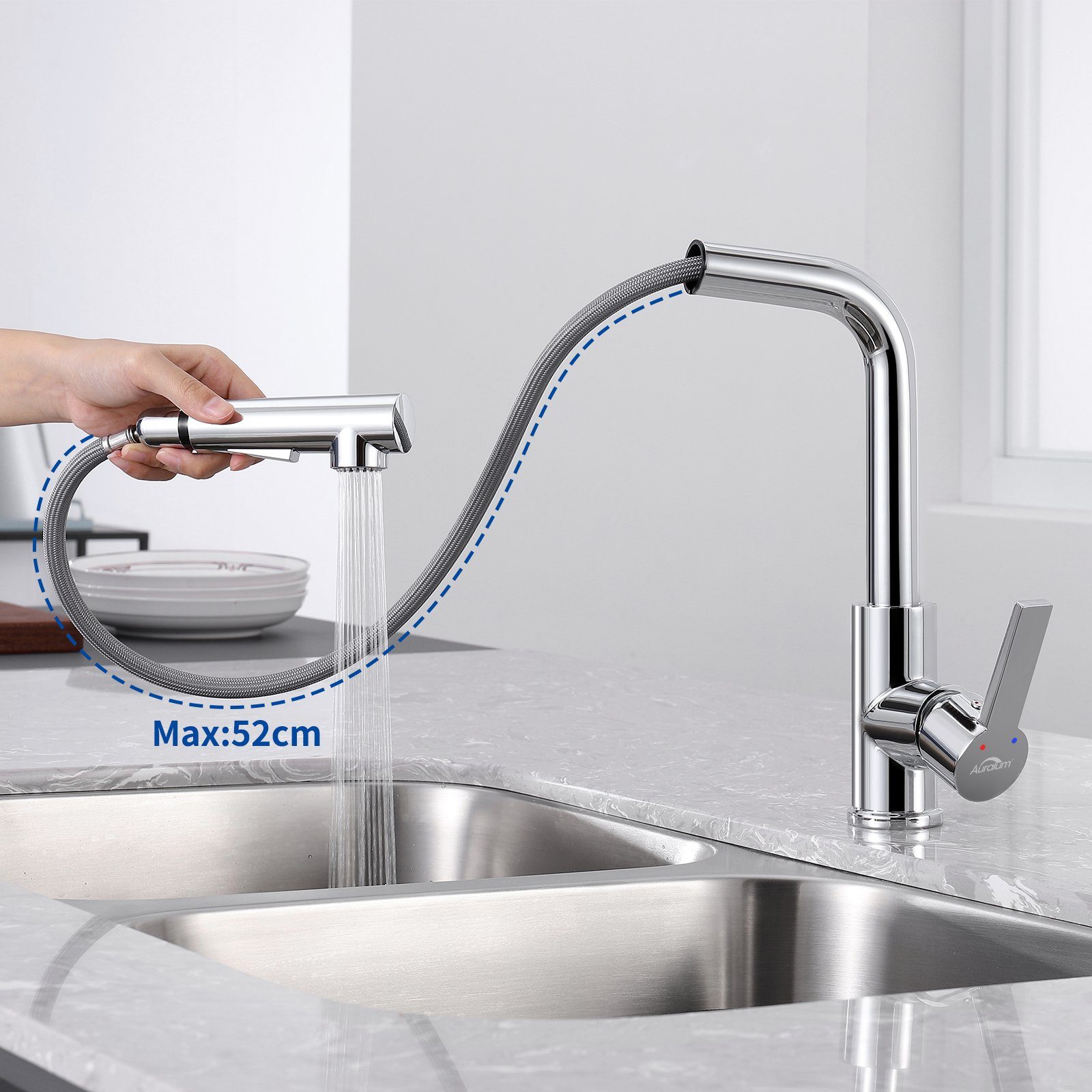Auralum Spültischarmatur Wasserhahn Brause 360° Mischbatterie Drehbarer Ausziehbar mit Küchenarmatur