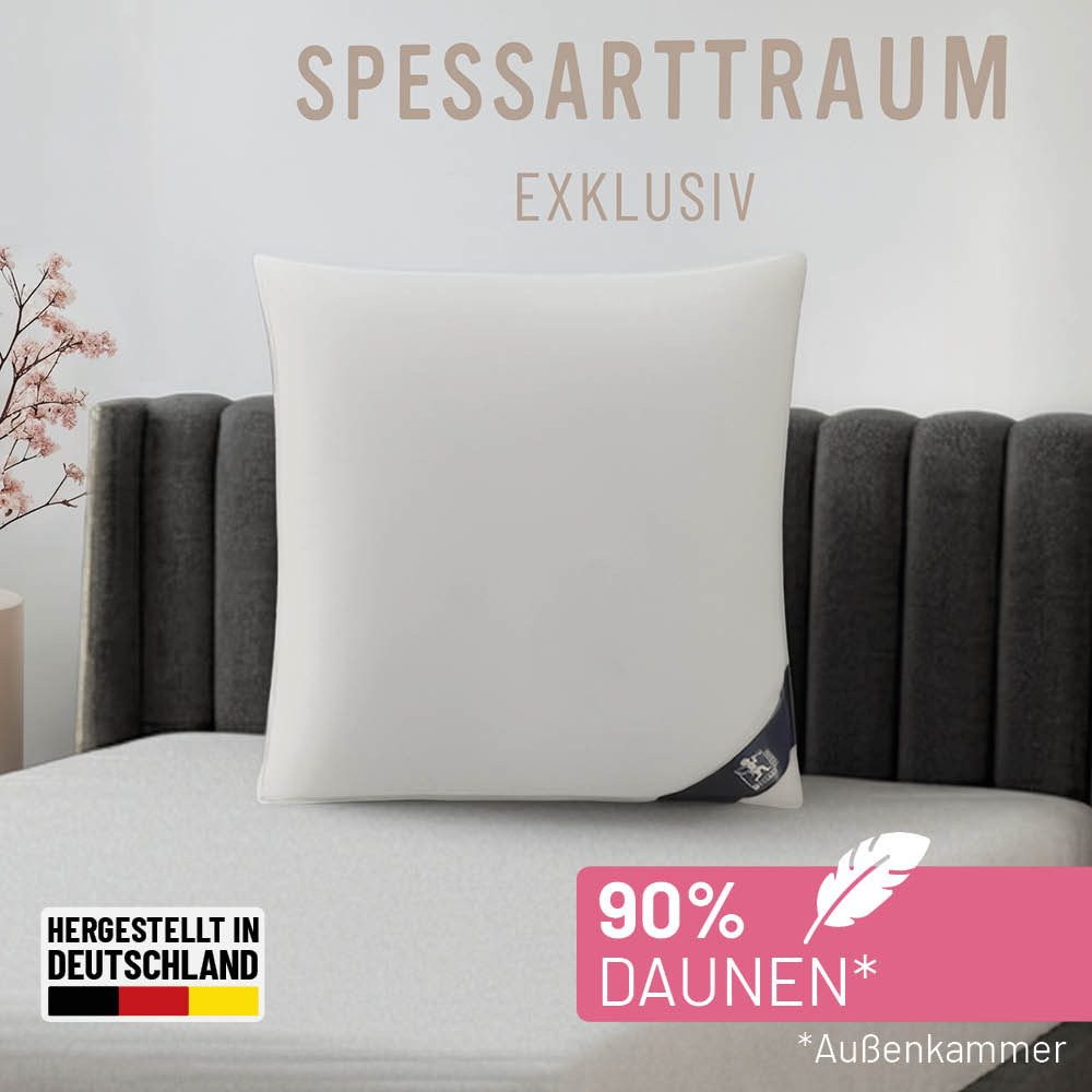 SPESSARTTRAUM 3-Kammer-Kopfkissen Exklusiv, Kissen in verschiedenen Größen erhältlich, Füllung: 90% Daunen / 10% Federn, Klasse 1, Downpass zertifiziert (Außenkammern), Bezug: 100% Baumwolle, Made in Green, Hausstauballergiker geeignet, Deko-, Kuschel- un