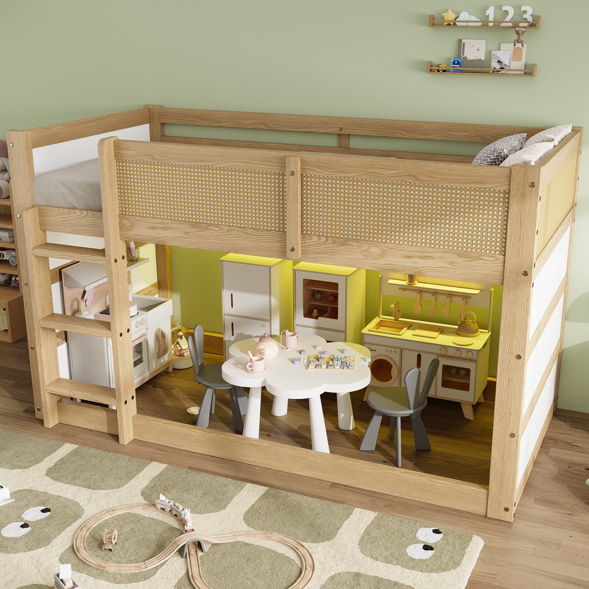 TavilaEcon Hochbett Kinderbett mit dreistufige Treppe, Ablage und LED-Lichtleiste (1-St) im modernes Rattan-Design, 90×200cm, Natur+Weiß
