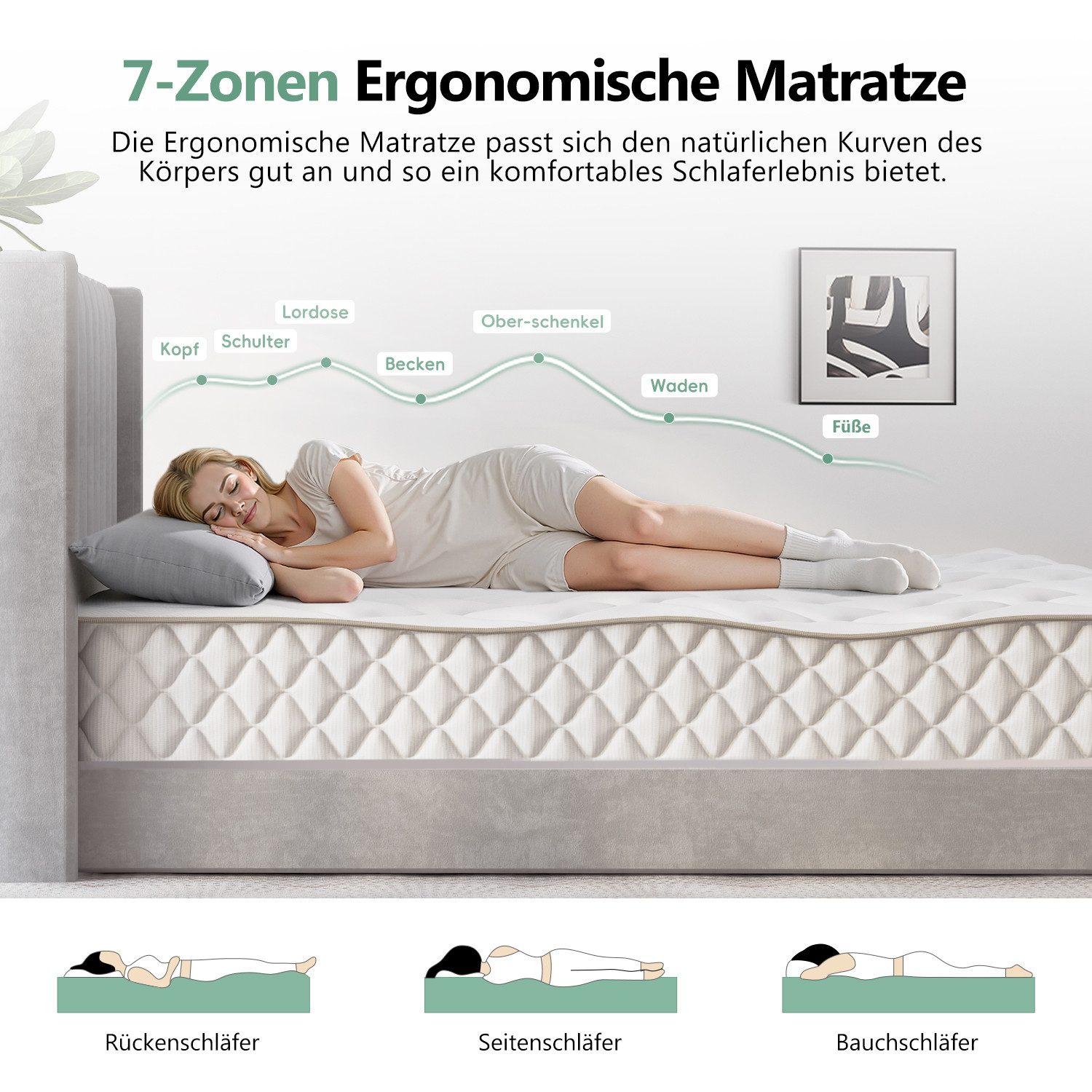 Taschenfederkernmatratze Matratze, 7 Zone Federkernmatratze Matratzen 10 Schichten, Lexzurn, 22 cm hoch, (ergonomisch und atmungsaktiv, Härtegrad H3, Matratze m – Bild 2 von 4