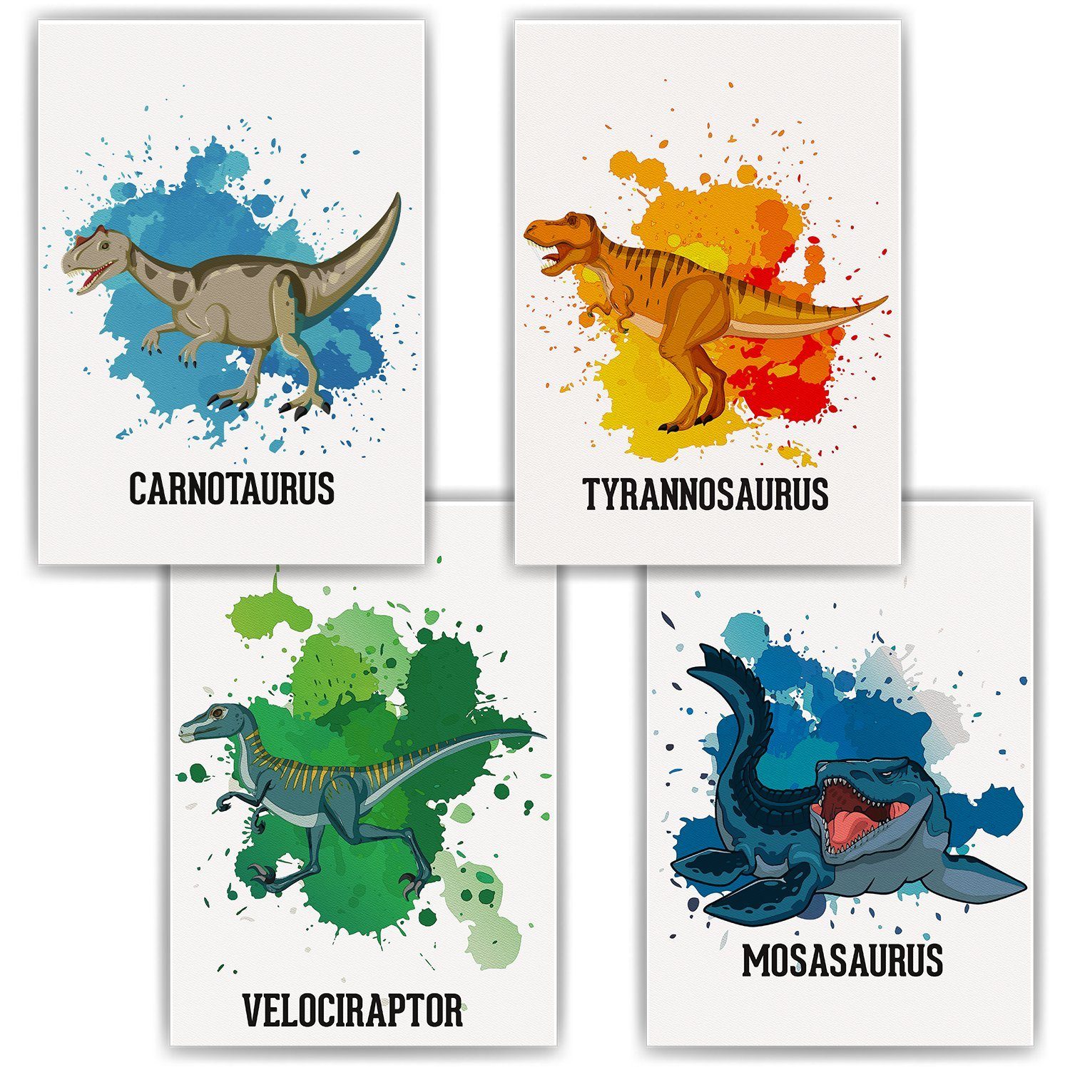 Tigerlino Poster Dinosaurier Carnotaurus Trex Velociraptor Mosasaurus 4er Set Bilder