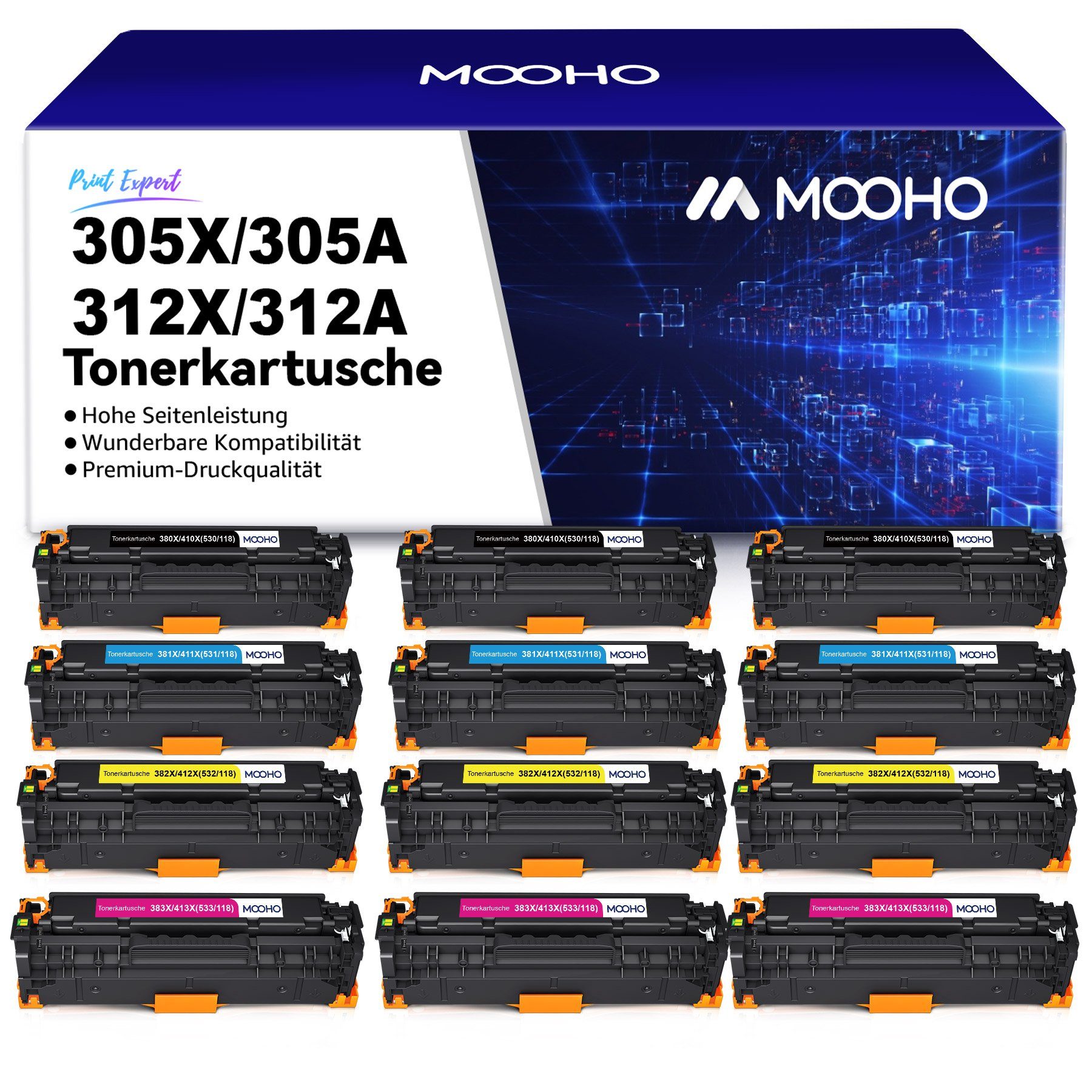 MOOHO Tonerkartusche Für für HP 305A CE410A 305X CE410X-CE413X 312A 312X, (12-St)