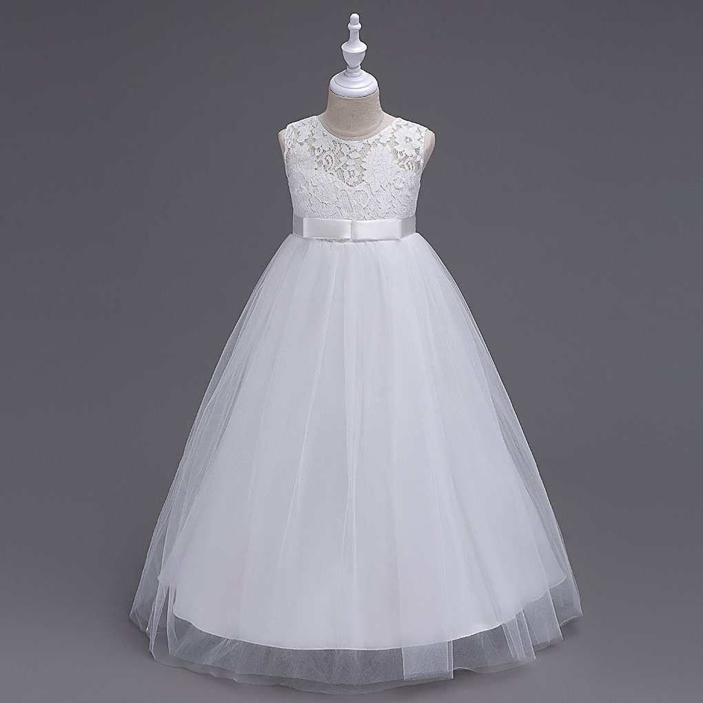 LAPA Abendkleid Mädchen Meshkleid Hochzeit Blumenmädchen Kostüm Bodenlanges Kleid mit Spitze, Maxikleid Weiß