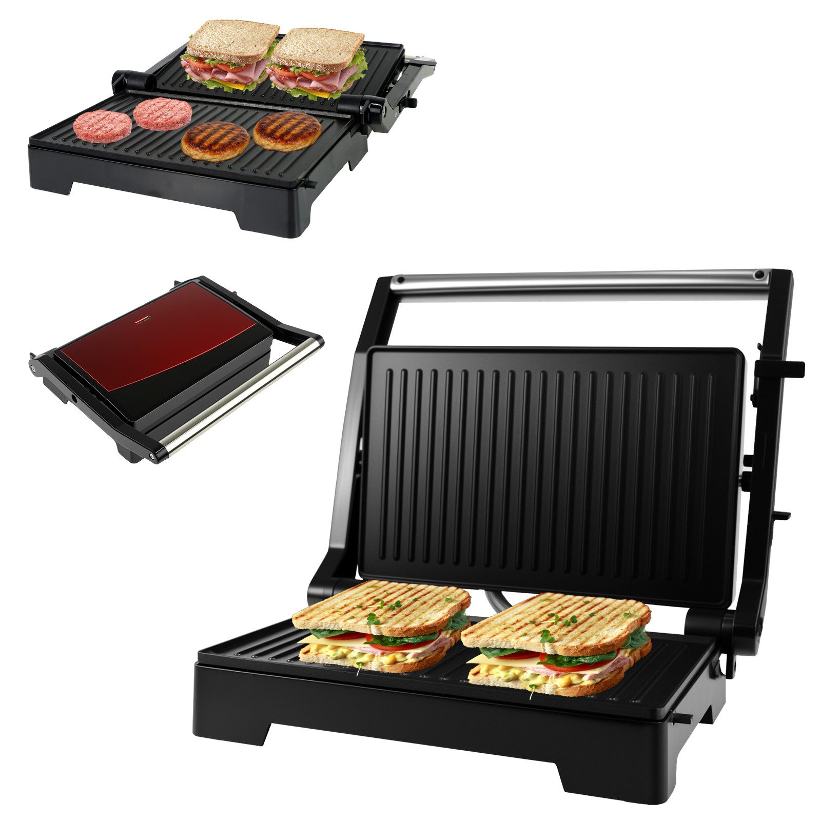 kisidus Kontaktgrill Elektrischer Tischgrill, antihaftbeschichtetete Platten, Paninimaker, 1000 W, sandwichtoaster, 180° Öffnung, für Sandwiches, Steaks, Gemüse, Panini
