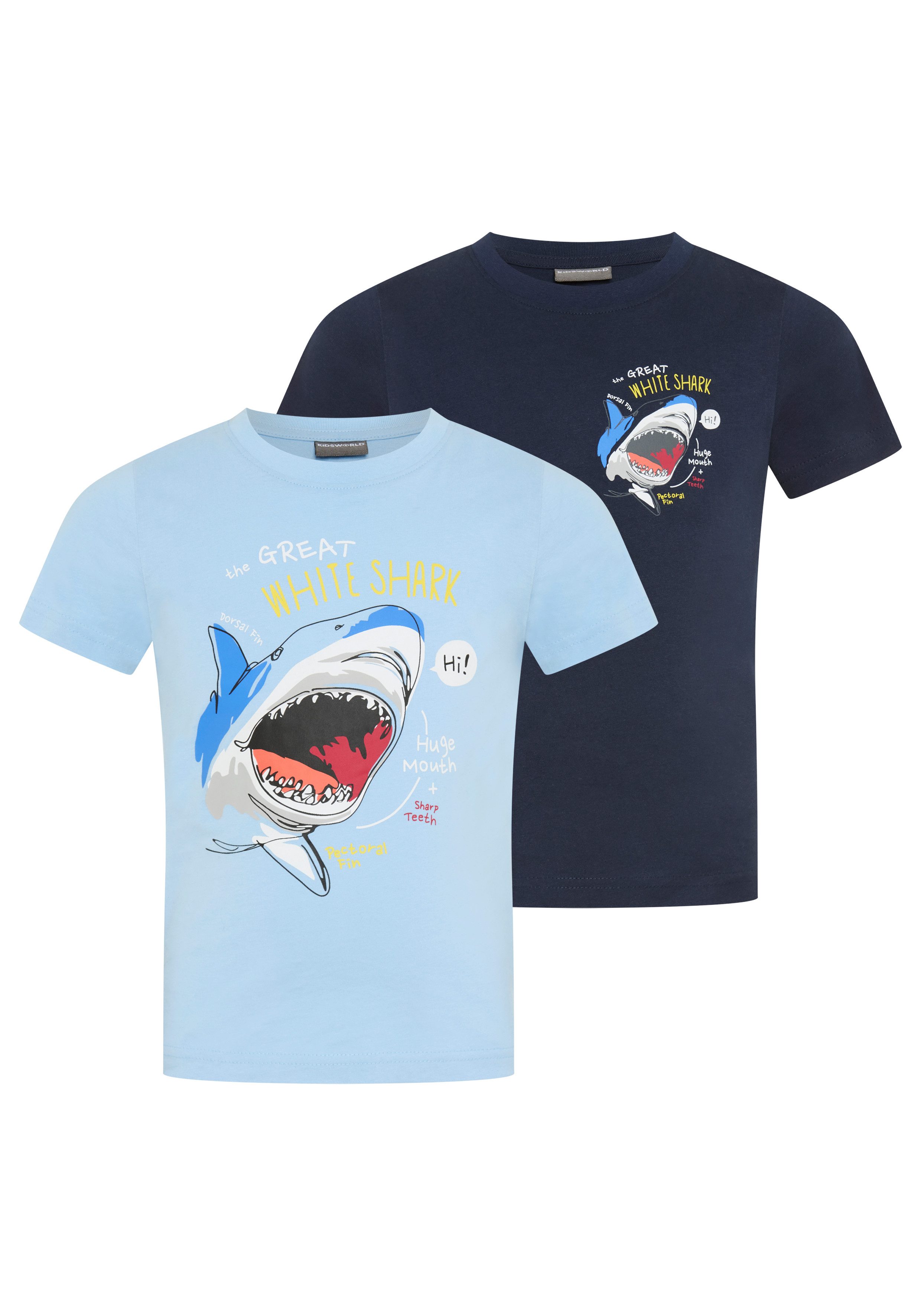 KIDSWORLD T-Shirt 2er Pack Shirts mit Hai Motiven für kleine Jungen (Packung, 2-tlg., 2) modischer Stil, mit Rundhalsausschnitt, Kurzarm, bedruckt. € 19,99, (€ 10,00 pro 1 Stk).