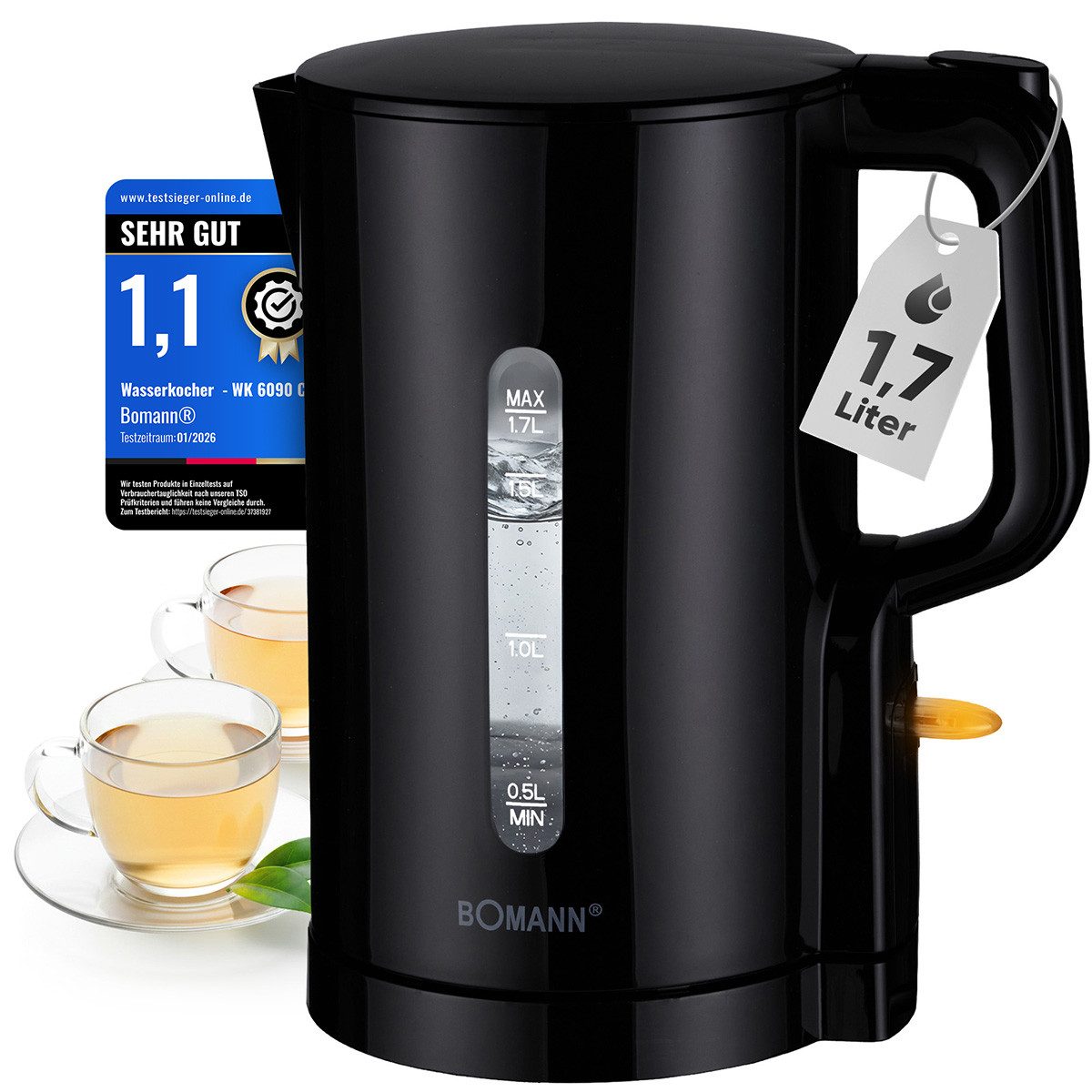 BOMANN Wasserkocher WK 6090 CB, Wasserkocher 1,7L, 2200W, Einhandbedienung