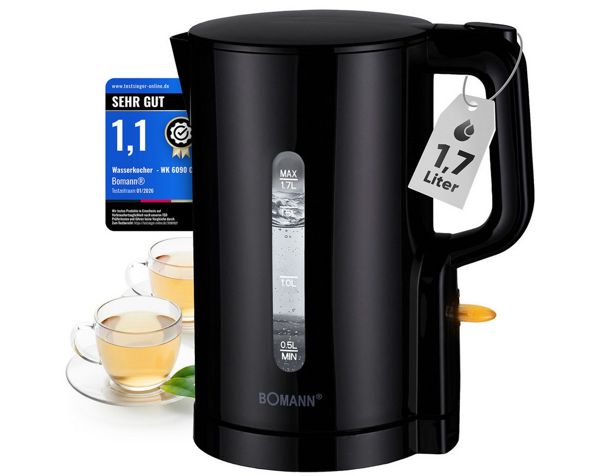 BOMANN Wasserkocher WK 6090 CB, Wasserkocher 1,7L, 2200W, Einhandbedienung
