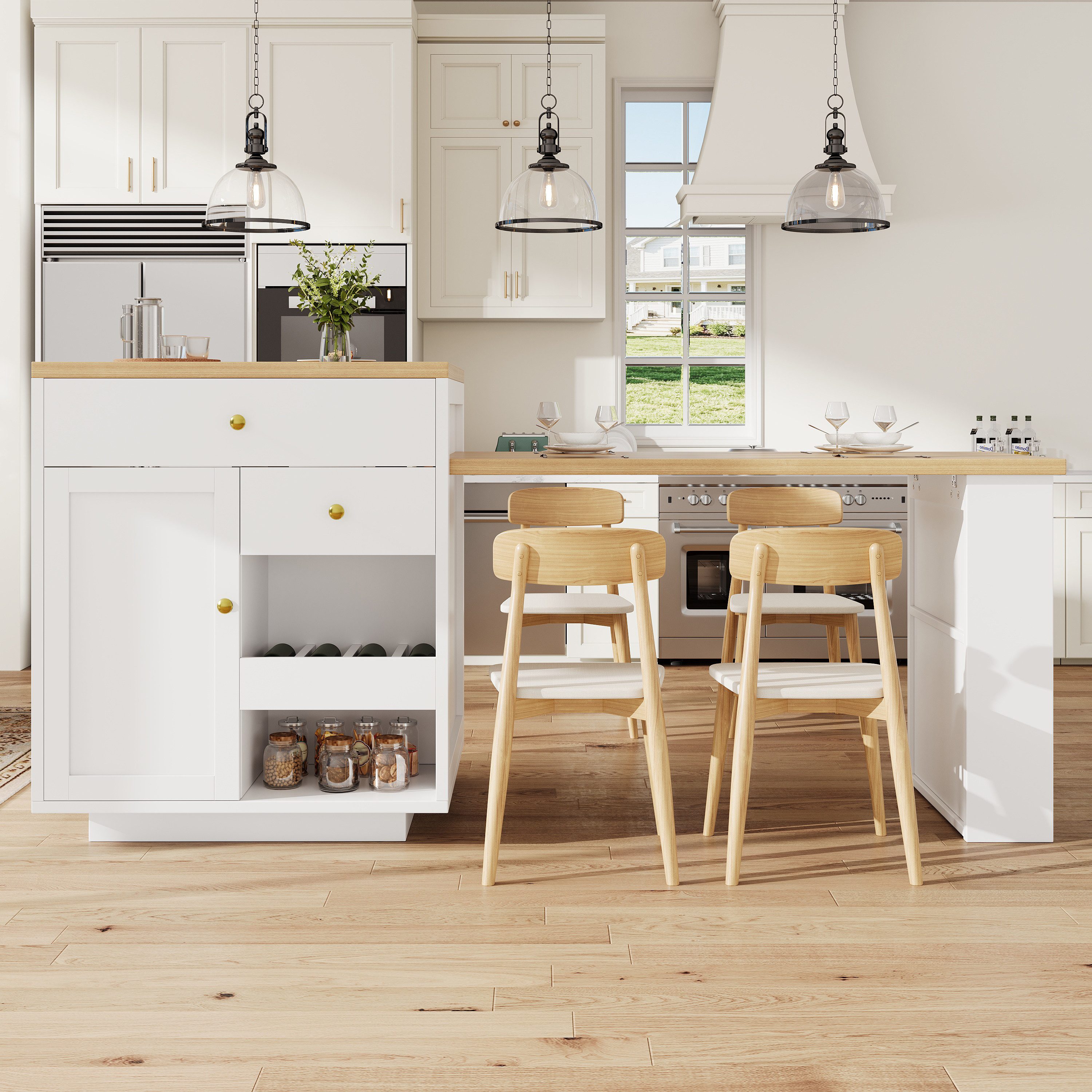 Flieks Kücheninsel mit ausziehbarer Esstisch, 3 Schubladen und 1 Türablagen, (122,5-195,5cm Länge verstellbar), Multifunktionaler Küchenschrank mit erweiterbarer Tisch Weiß