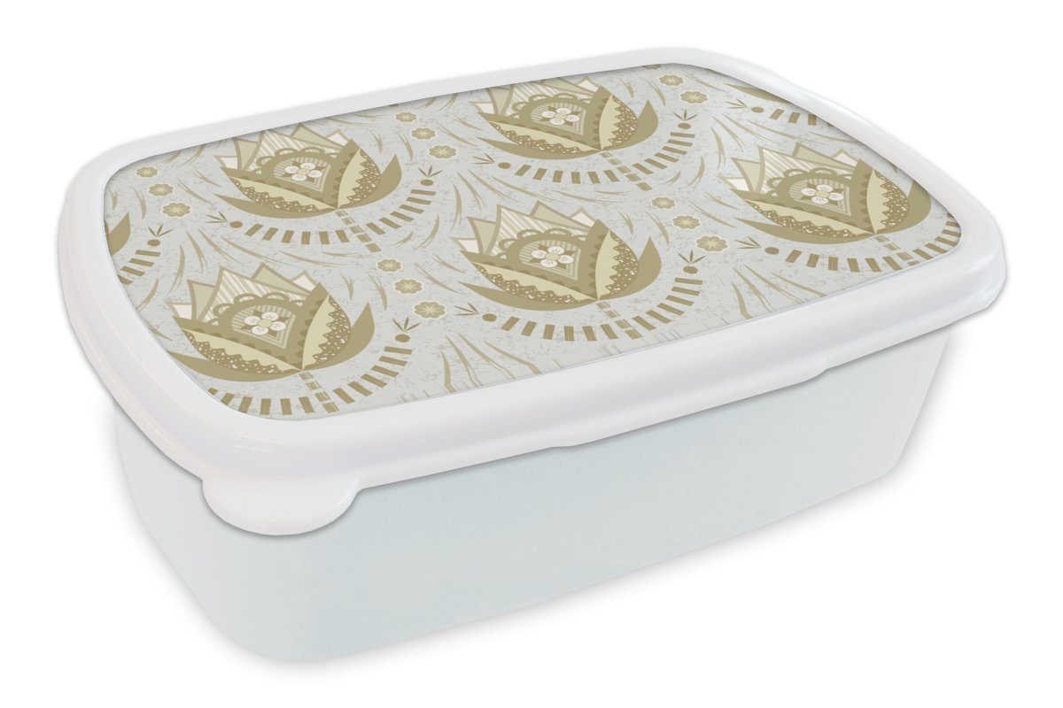 MuchoWow Lunchbox Blumen - Gold - Muster, Kunststoff, (2-tlg), Brotbox für Kinder und Erwachsene, Brotdose, für Jungs und Mädchen weiß