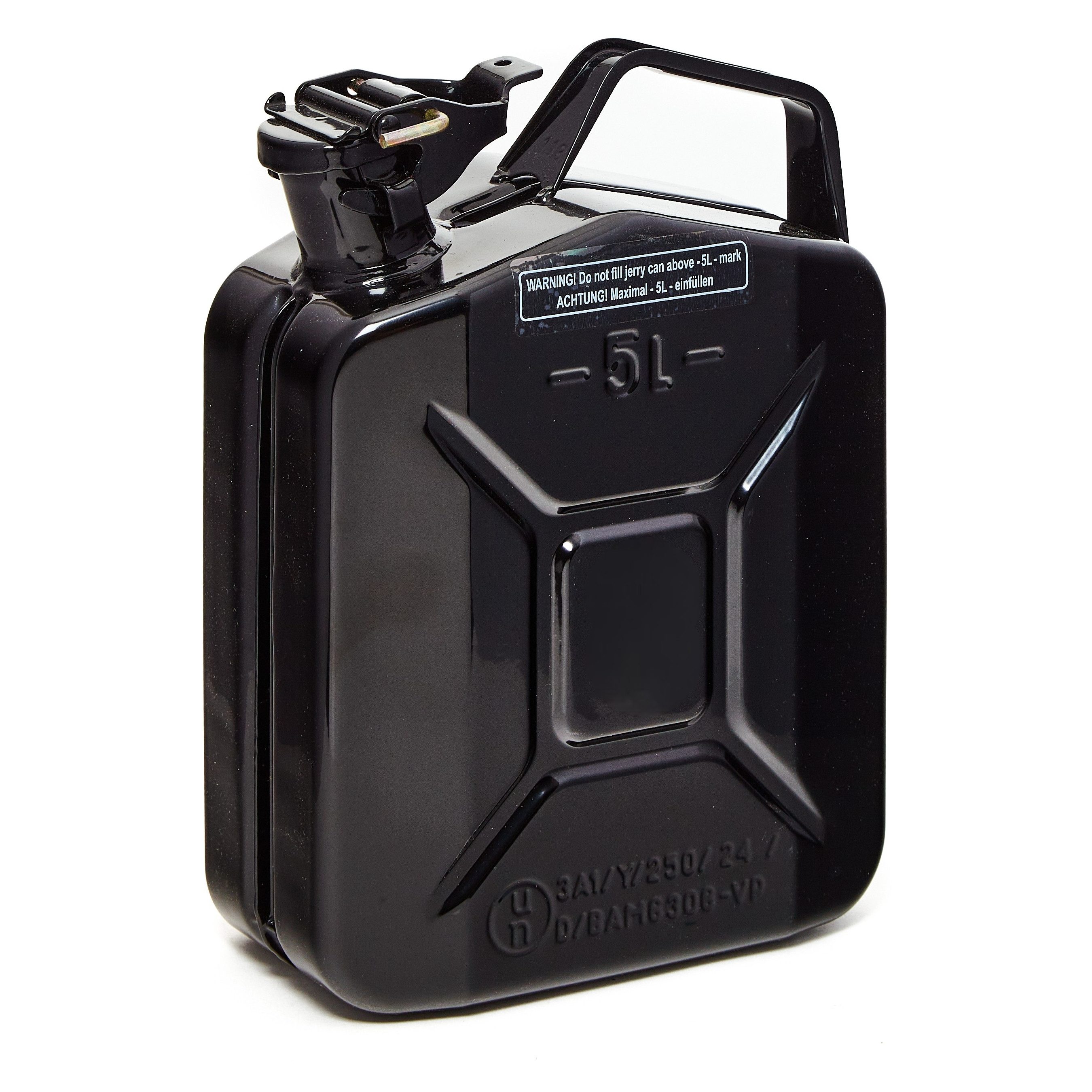 BW Benzinkanister Metall Kraftstoffkanister 5 Liter - Schwarz - RAL 9005 (nach NATO Standard, Made in Europe), TÜV-geprüft und UN-Zulassung