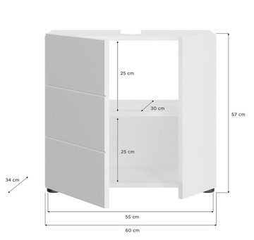 GuenstigEinrichten Waschbeckenunterschrank Vira (Badschrank in weiß Hochglanz, 60 x 56 cm) 2-türig