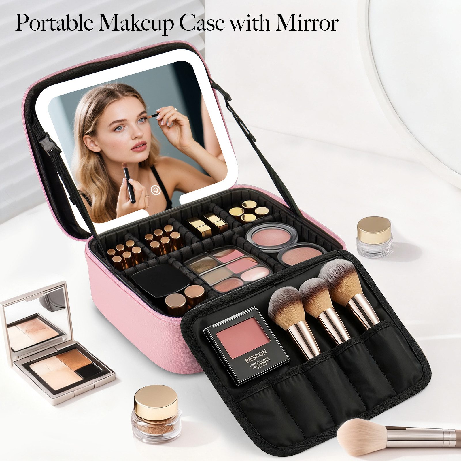 Youyijia Aufbewahrungsbox Reise Make-up Tasche mit LED Spiegel, 3 Lichtfarben & Dimmbar – Bild 2 von 5
