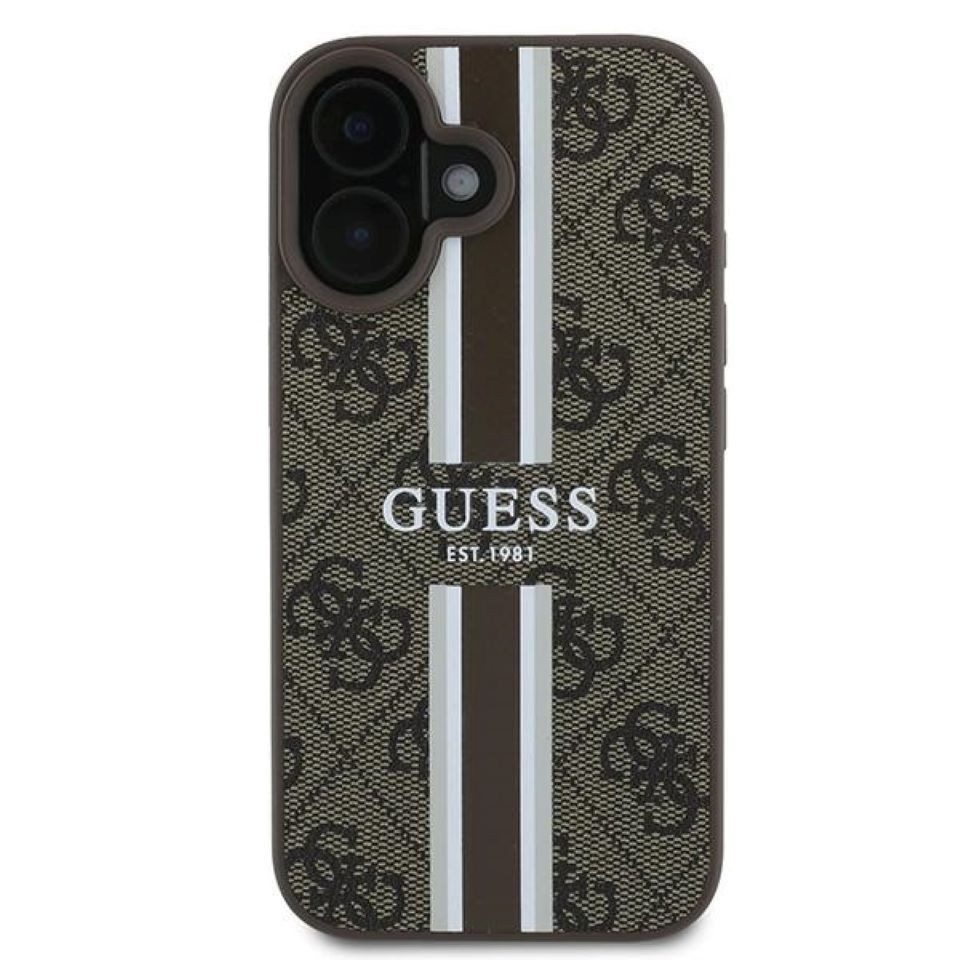 Guess Handyhülle iPhone 16 Plus Kunstleder Muster braun Logo goldfarbig MagSafe 6,7 Zoll, Kantenschutz