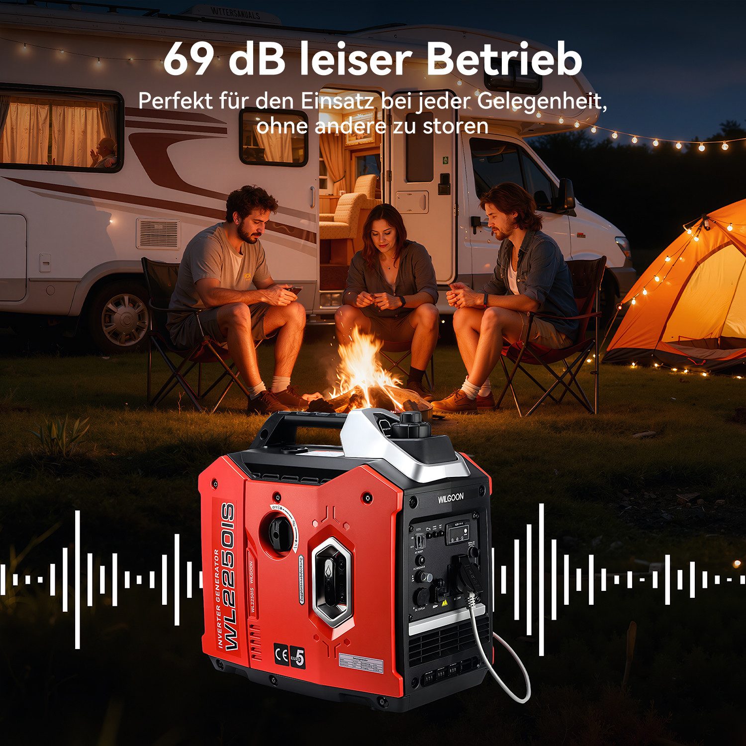 WILGOON BS2250IS 4-Stroke Quiet Generator, Inverter Generator, 2000W (2 kW), 79.8 cm³, Petrol Generator with 230V Socket for Camping and Motorhomes