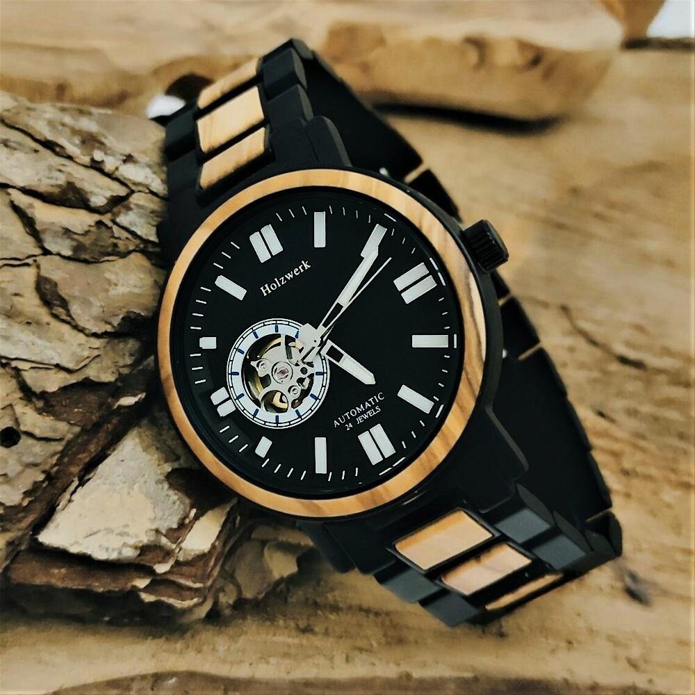 schwarz, Herren Uhr Armband Edelstahl Automatikuhr & beige, Holz weiß Holzwerk DORNBURG in