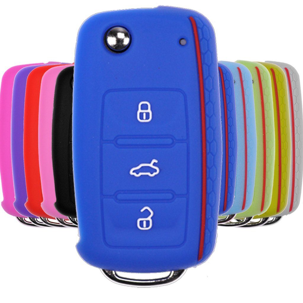 Skoda Schlüsseltasche Softcase Autoschlüssel Leon Tasten Silikon Design UP 11/2009 mt-key ab Golf Octavia 6 SEAT für Schutzhülle Blau, Wabe VW im 3