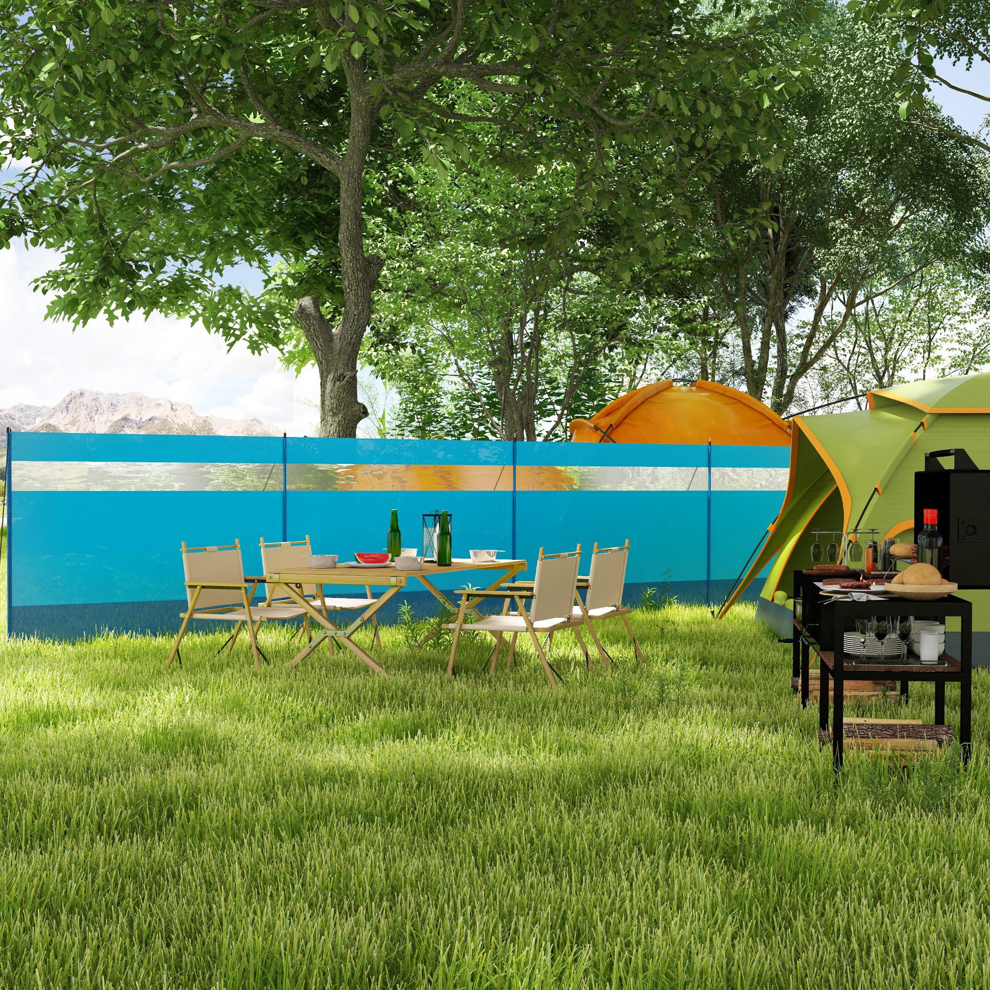 Outsunny Windschutz 4 Paneele mit Sichtfenster, Tragetasche, (faltbar Sichtschutz, 3 tlg., Sonnenschutz), für Camping Garten, Strand, Terrasse 725 x 140 cm Blau