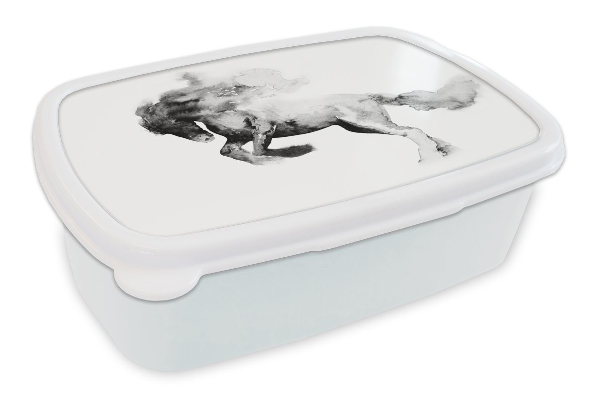 MuchoWow Lunchbox Gemälde - Pferd - Tiere - Ölfarbe - Schwarz - Weiß, Kunststoff, (2-tlg), Brotbox für Kinder und Erwachsene, Brotdose, für Jungs und Mädchen