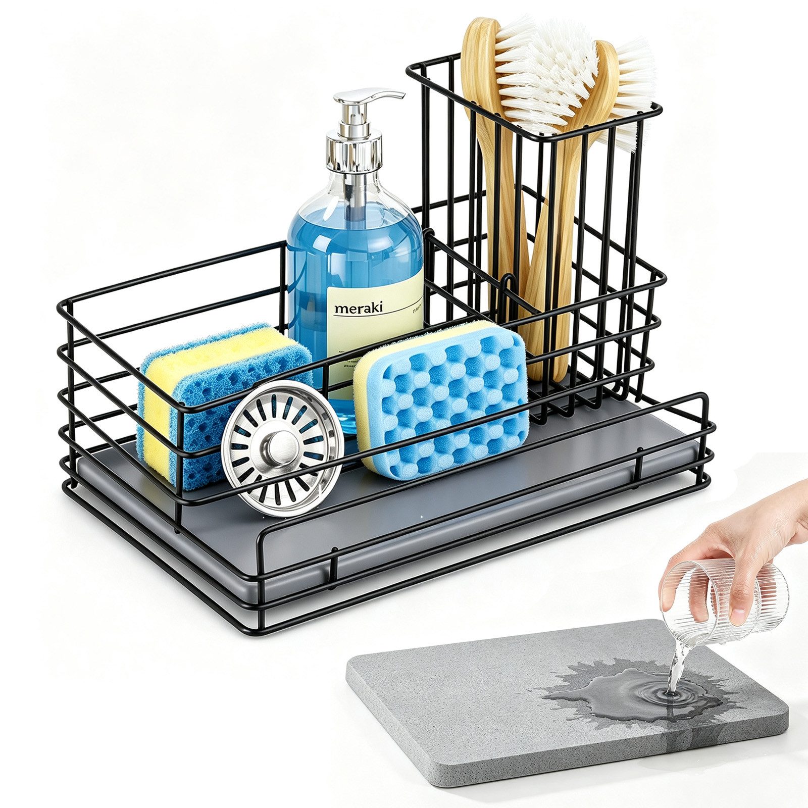 BlingBin Küchenorganizer-Set Spülbecken Organizer Küche mit Schnelltrocknender Diatomit Platte, (1er Set, 1-tlg., Maße: 23 × 11 × 10 cm), Caddy Schwammhalter mit Bürstenhalter für Spülmittel, Küchenutensilien