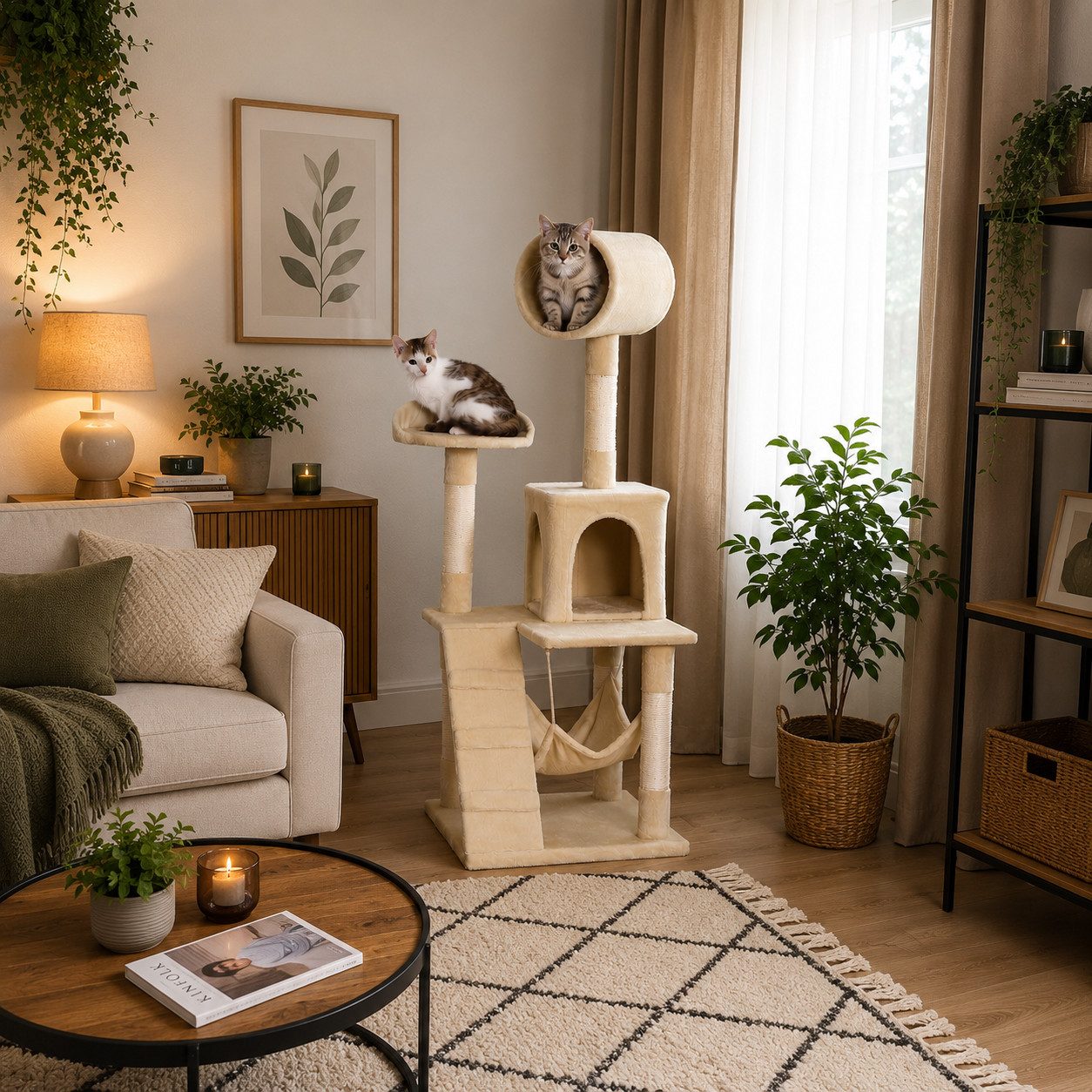 belviona Kratzbaum mit Höhle, Hängematte, Treppe & Liegeplattform, 133 cm, beige, mit Sisalsäulen & Liege-Röhre zum Beobachten