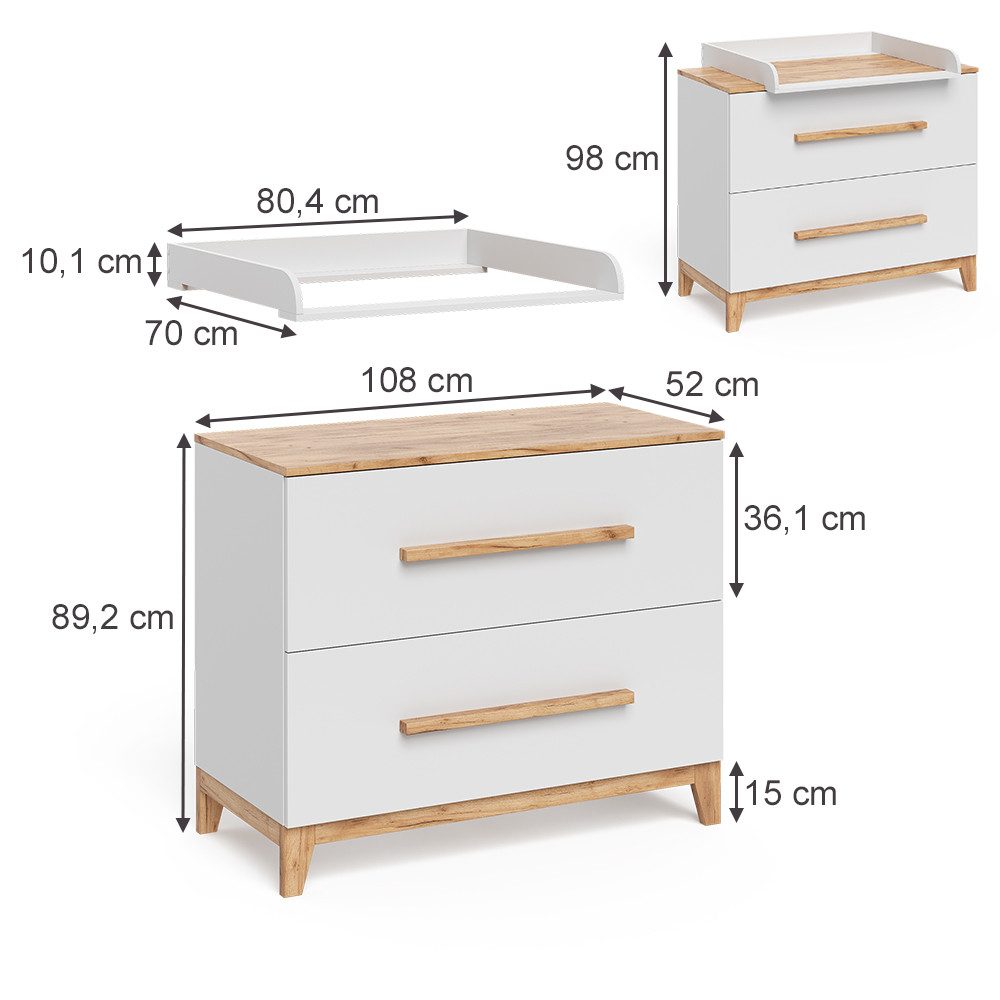 VitaliSpa® Wickelkommode Malia, Weiß/Artisan/Artisan, 108 x 98 cm mit 2 Schubladen